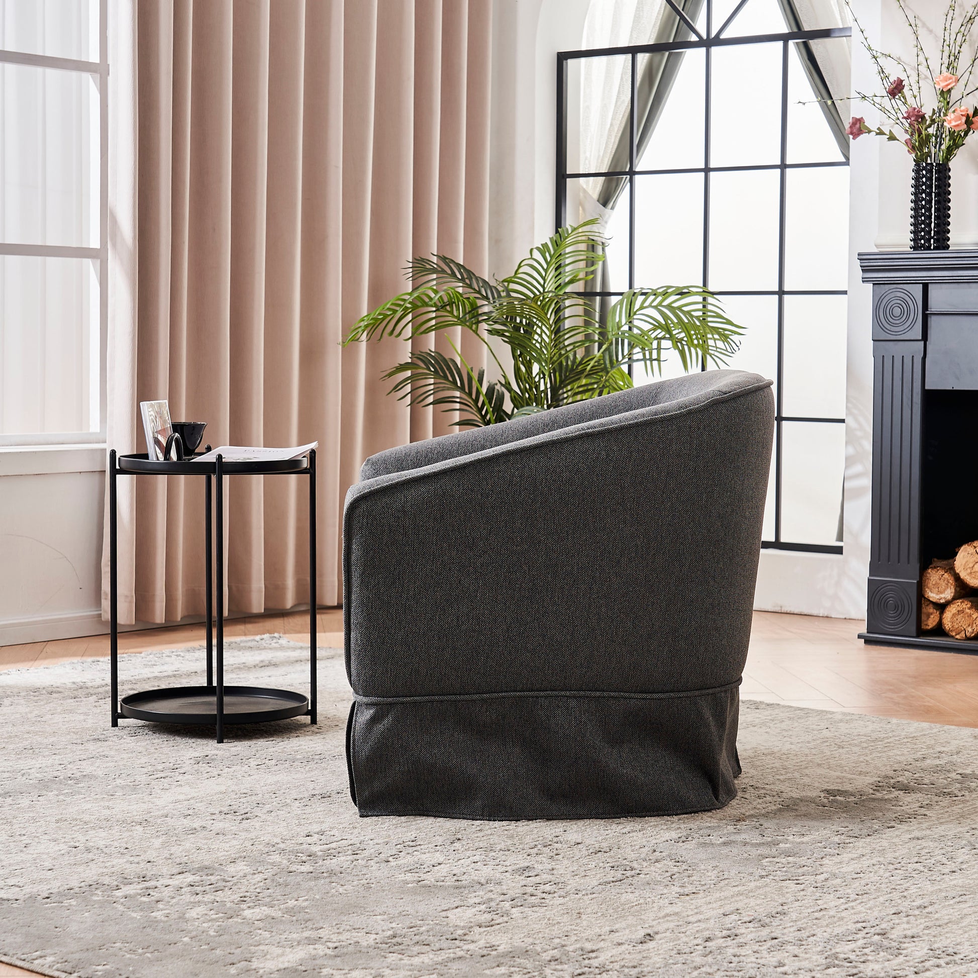 Swivel Barrel Chair With Ottoman, Swivel Accent Chairs Armchair For Living Room, Reading Chairs For Bedroom Comfy, Round Barrel Chairs With Black Metal Base Dark Grey Dark Gray Primary Living Space Modern Linen