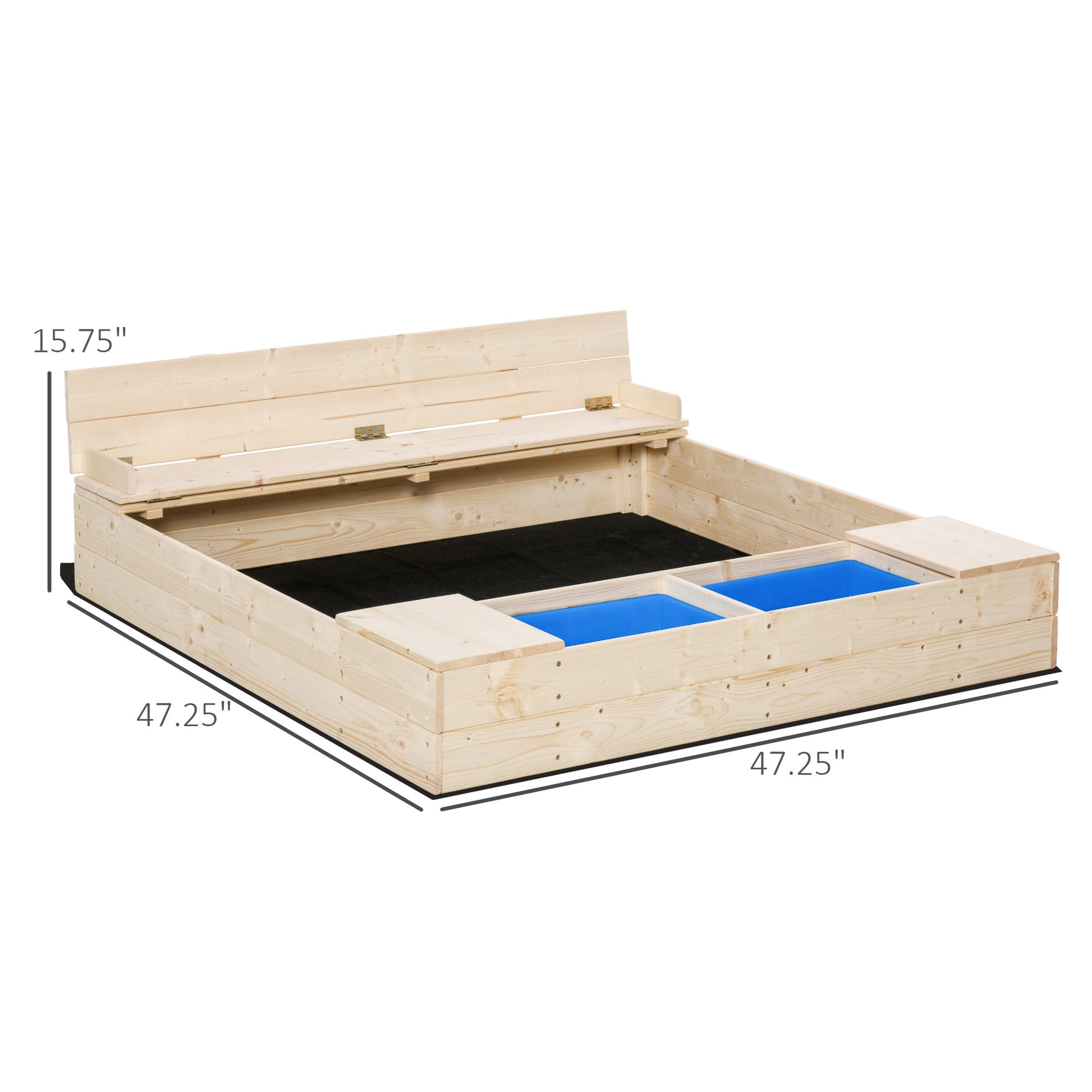 Kids Wooden Sandbox W Two Plastic Boxes Foldable Bench Seat Waterproof Cover Bottom Liner Storage Space Natural Wood