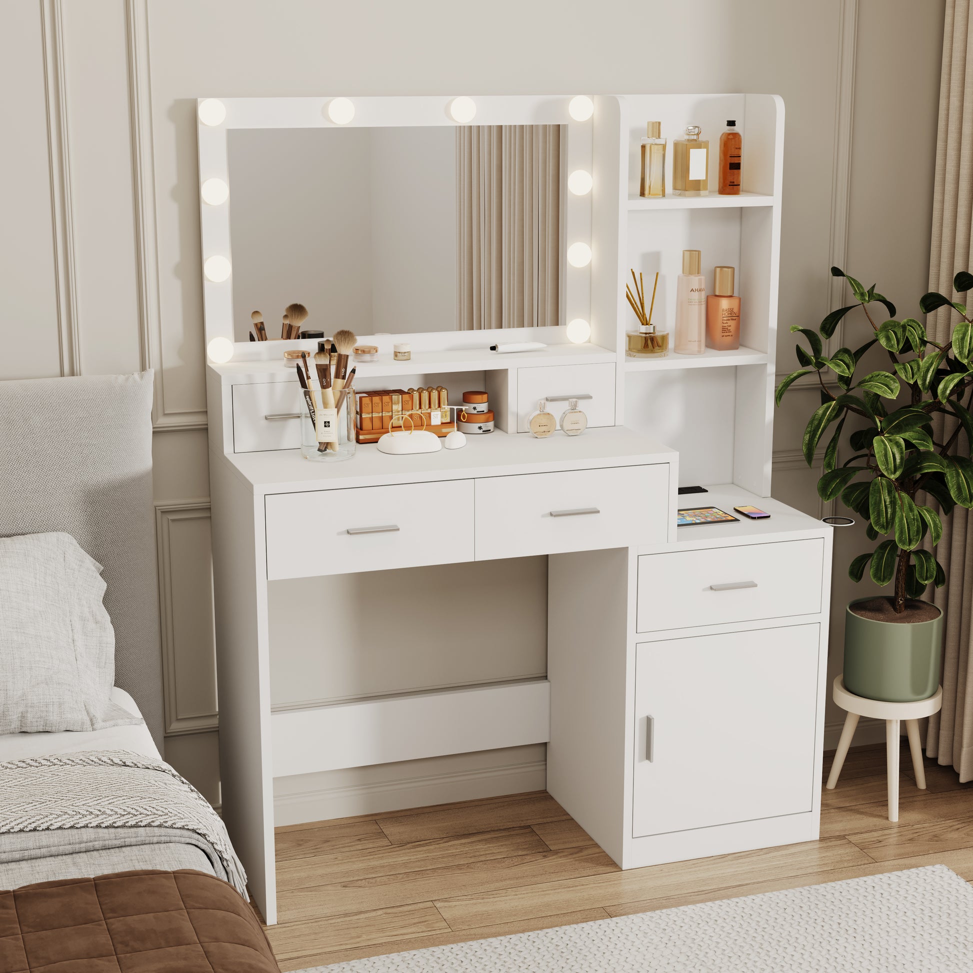 The White Vanity With A Mirror Is Equipped With A Hair Dryer Rack, While The Vanity In The Bedroom And Dressing Room Comes With A Dressing Pad Hinged White Drawer 3 Drawers Bedroom American