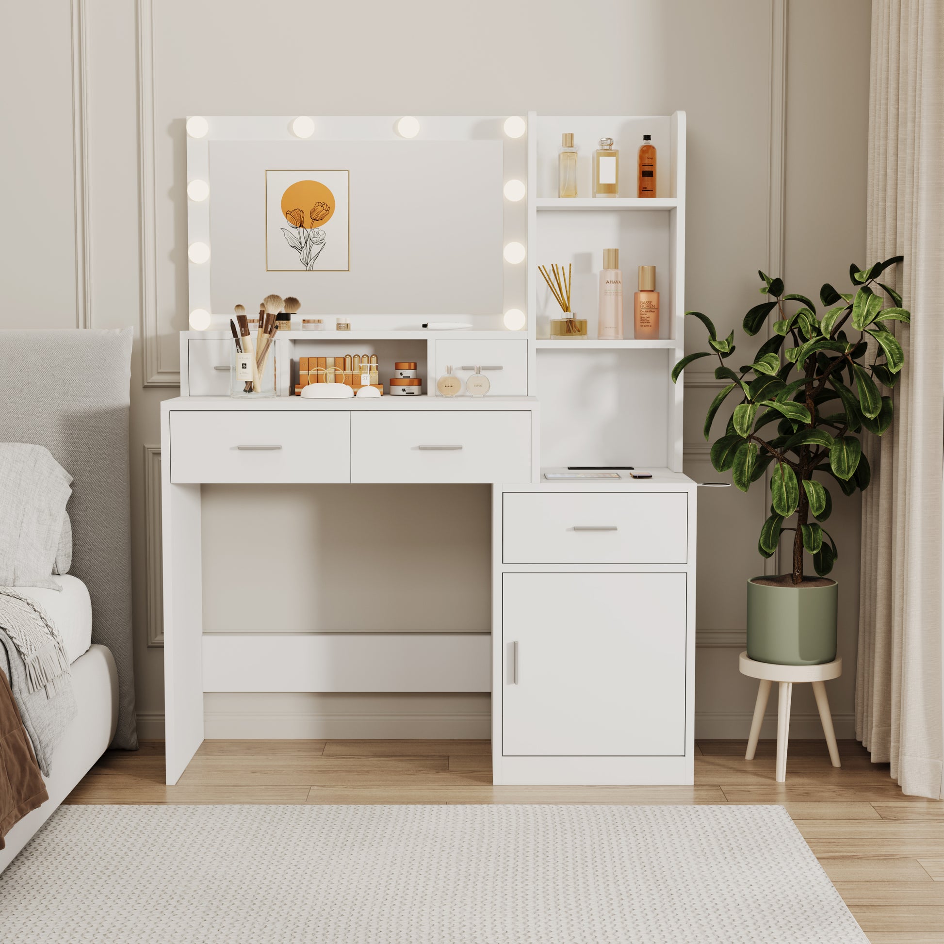 Newly Designed Smart Mirror Dressing Table With Drawers And Storage Cabinet, Dressing Table With Dressing Pad For Bedroom, Dressing Room White Mdf Glass