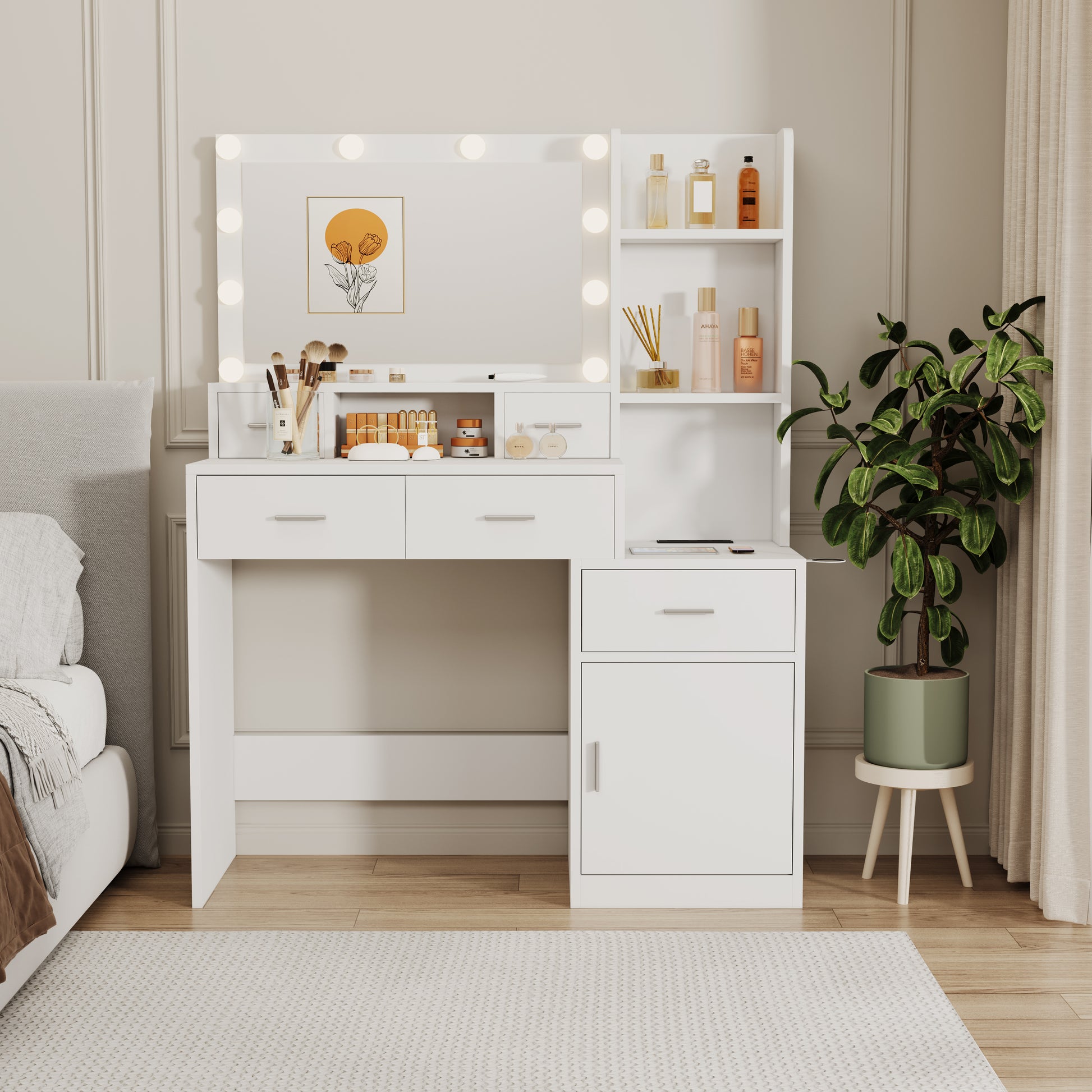 The White Vanity With A Mirror Is Equipped With A Hair Dryer Rack, While The Vanity In The Bedroom And Dressing Room Comes With A Dressing Pad Hinged White Drawer 3 Drawers Bedroom American