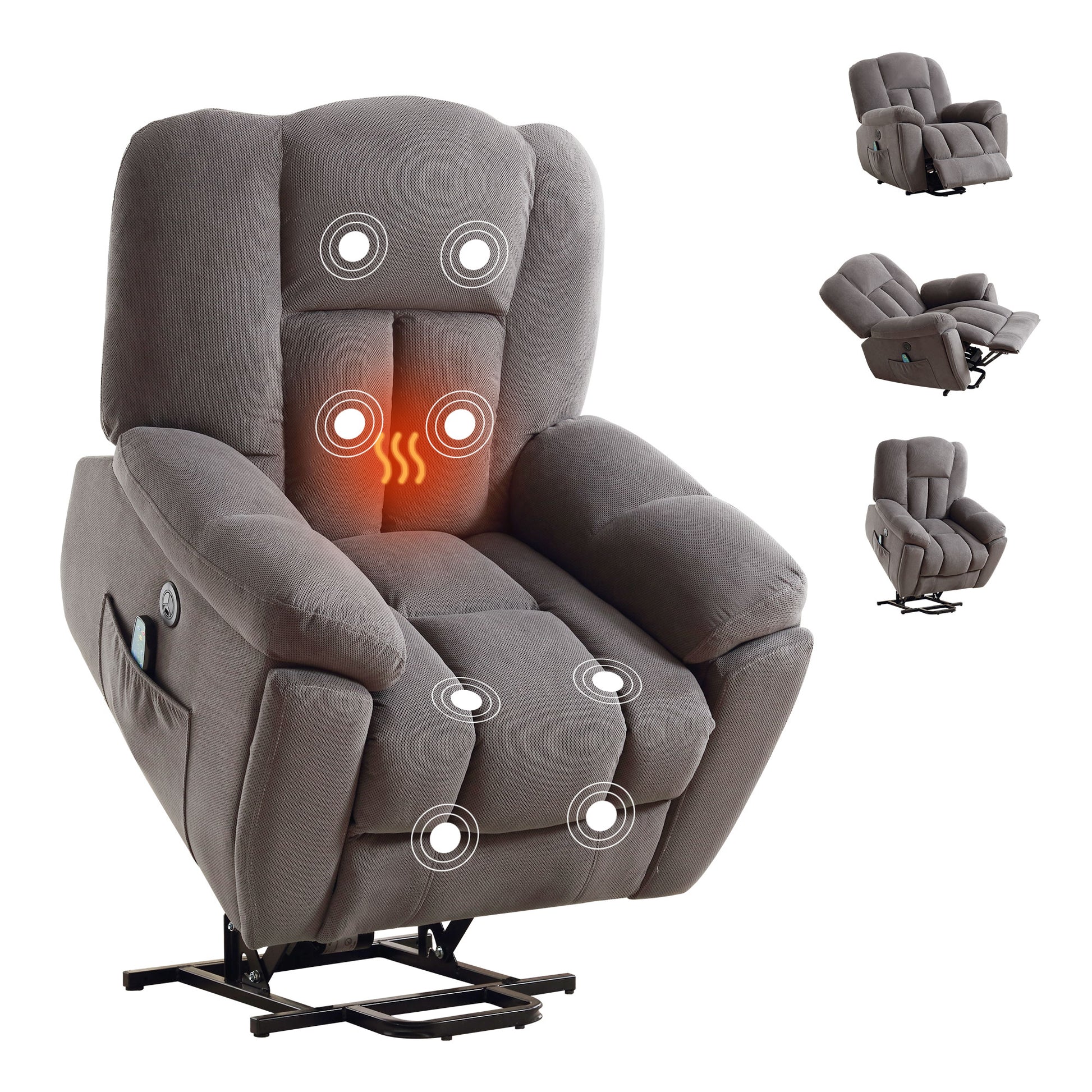 Power Lift Recliner Chair Recliners For Elderly With Heat And Massage Recliner Chair For Living Room With Infinite Position And Side Pocket,Usb Charge Port Grey Grey Soft Heavy Duty Cotton Wood Metal