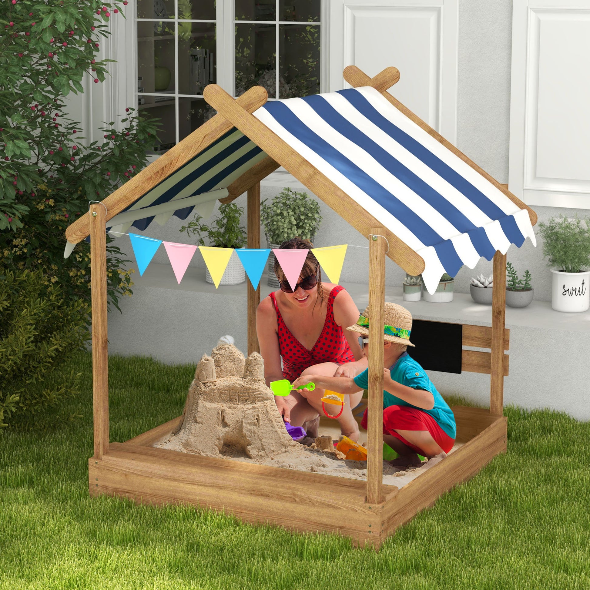 Wooden Sandbox With Canopy House Design For 3 7 Years Old, Brown Brown Wood