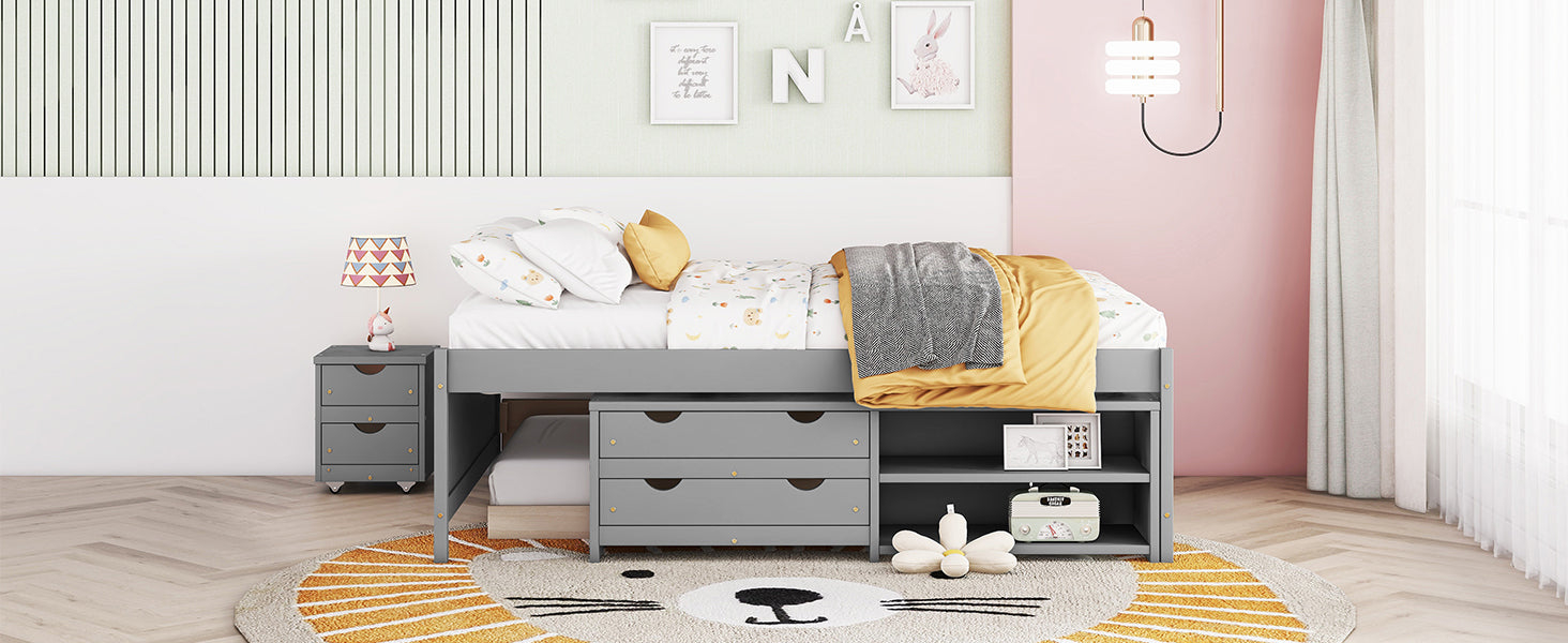 Versatile Full Bed With Trundle,Under Bed Storage Box And Nightstand .Grey Full Grey American Design Pine