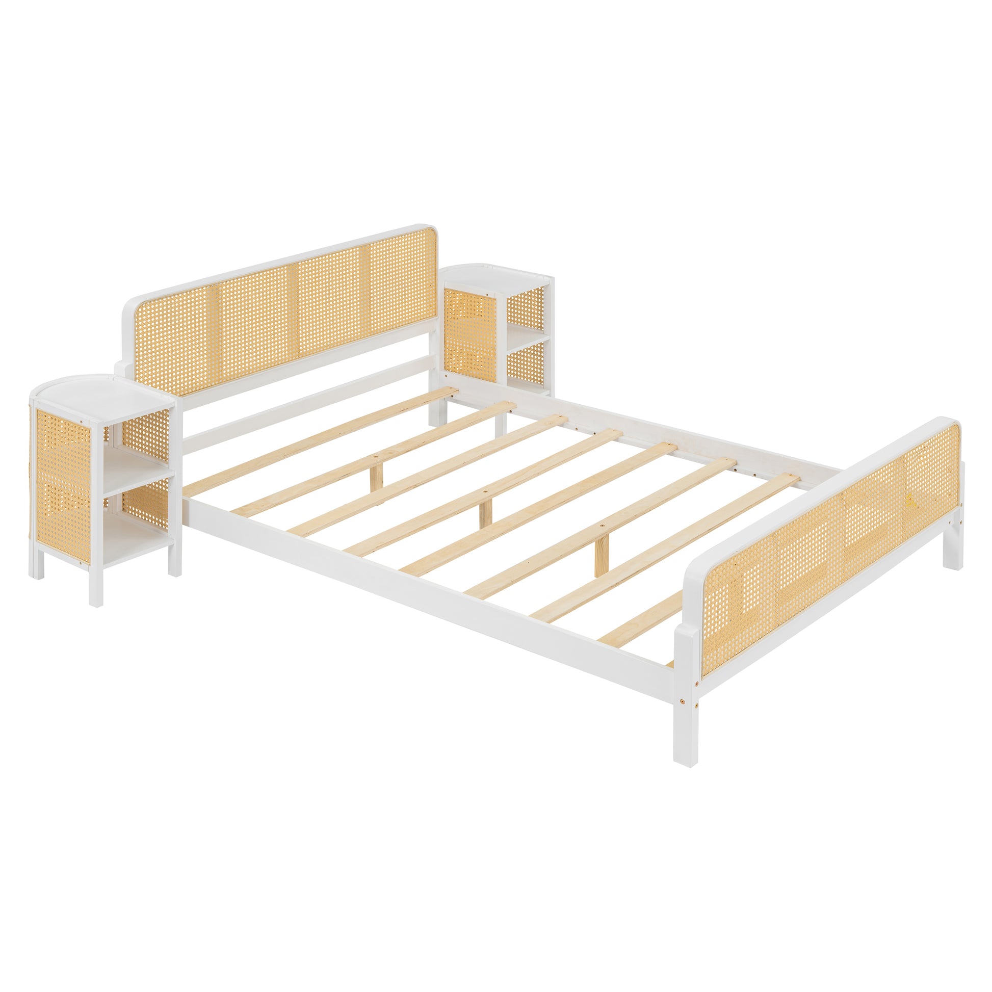 3 Pieces Rattan Platform Full Size Bed With 2 Nightstands,White White Rattan