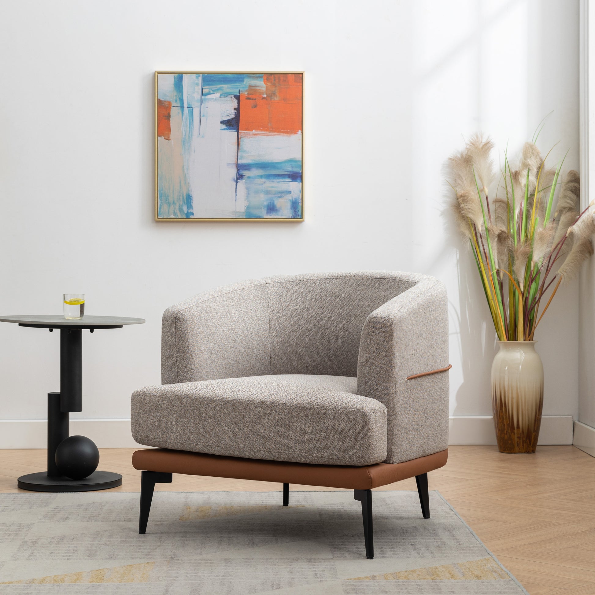 Modern Two Tone Barrel Fabric Chair, Upholstered Round Armchair For Living Room Bedroom Reading Room, Burnt Orange Burnt Orange Linen