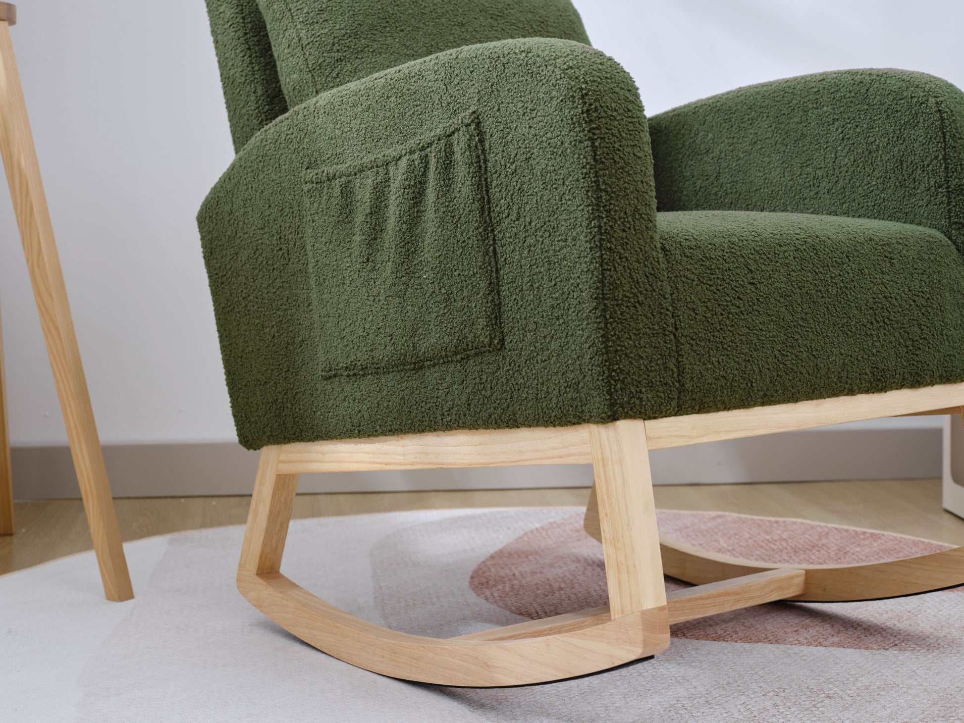Modern Accent Rocking Chair Rocking Chair With Solid Wood Legs, Upholstered Nursery Glider Rocker, Comfy Armchair With Side Pocket, Living Room Lounge Arm Chair With High Backrest Dark Green,Teddy Dark Green White Primary Living Space Casual Foam Teddy