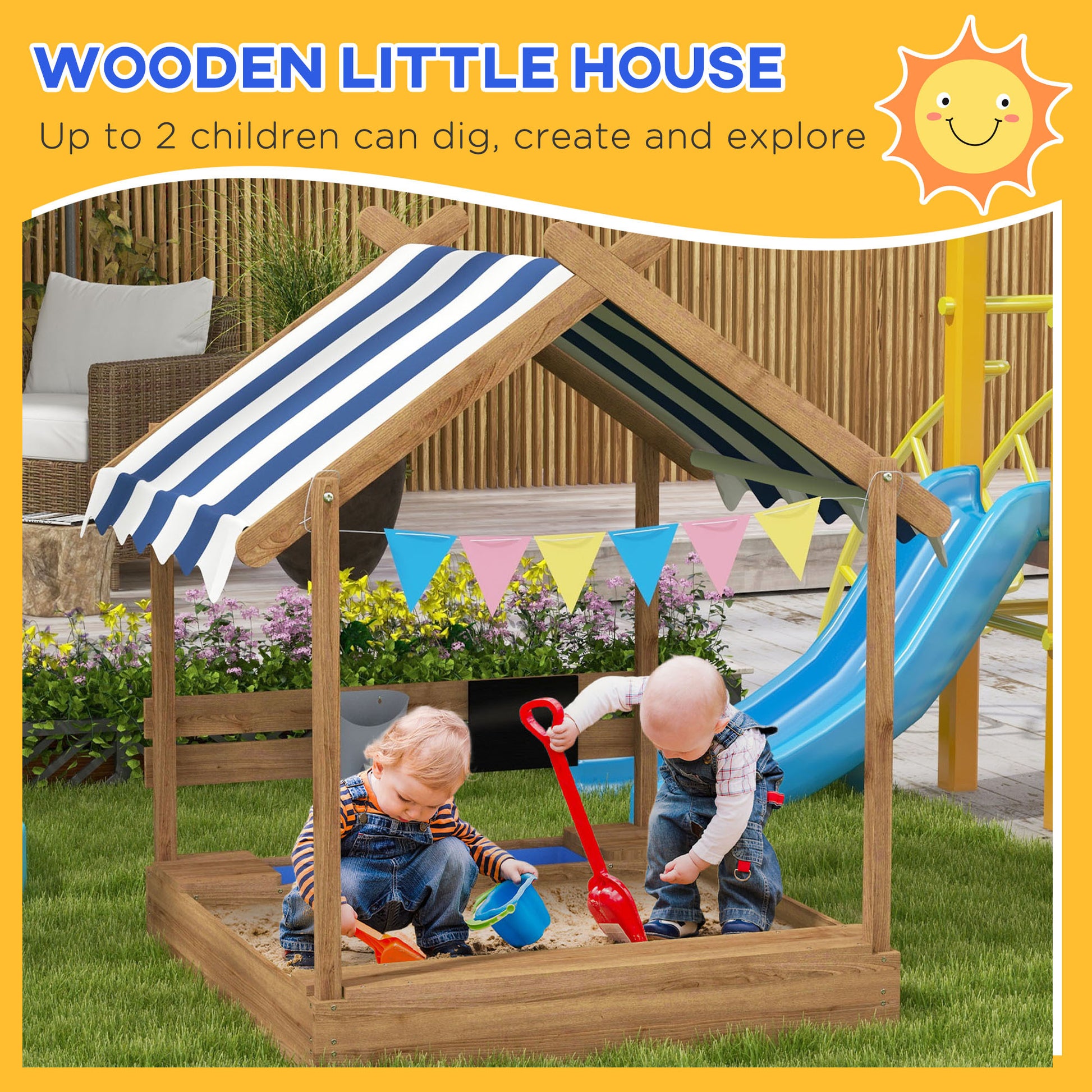 Wooden Sandbox With Canopy House Design For 3 7 Years Old, Brown Brown Wood