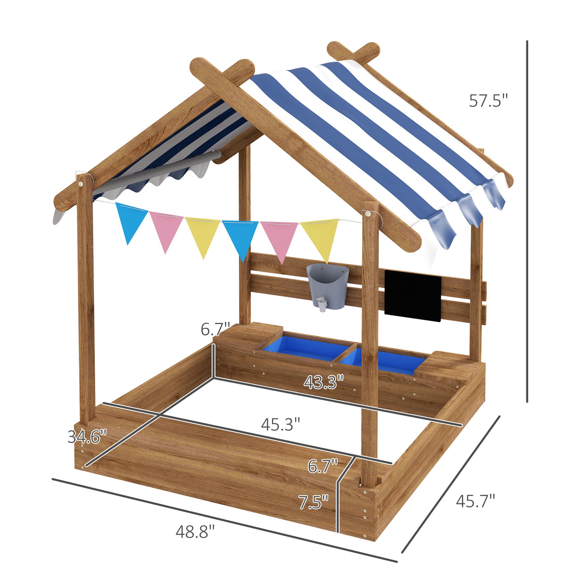 Wooden Sandbox With Canopy House Design For 3 7 Years Old, Brown Brown Wood