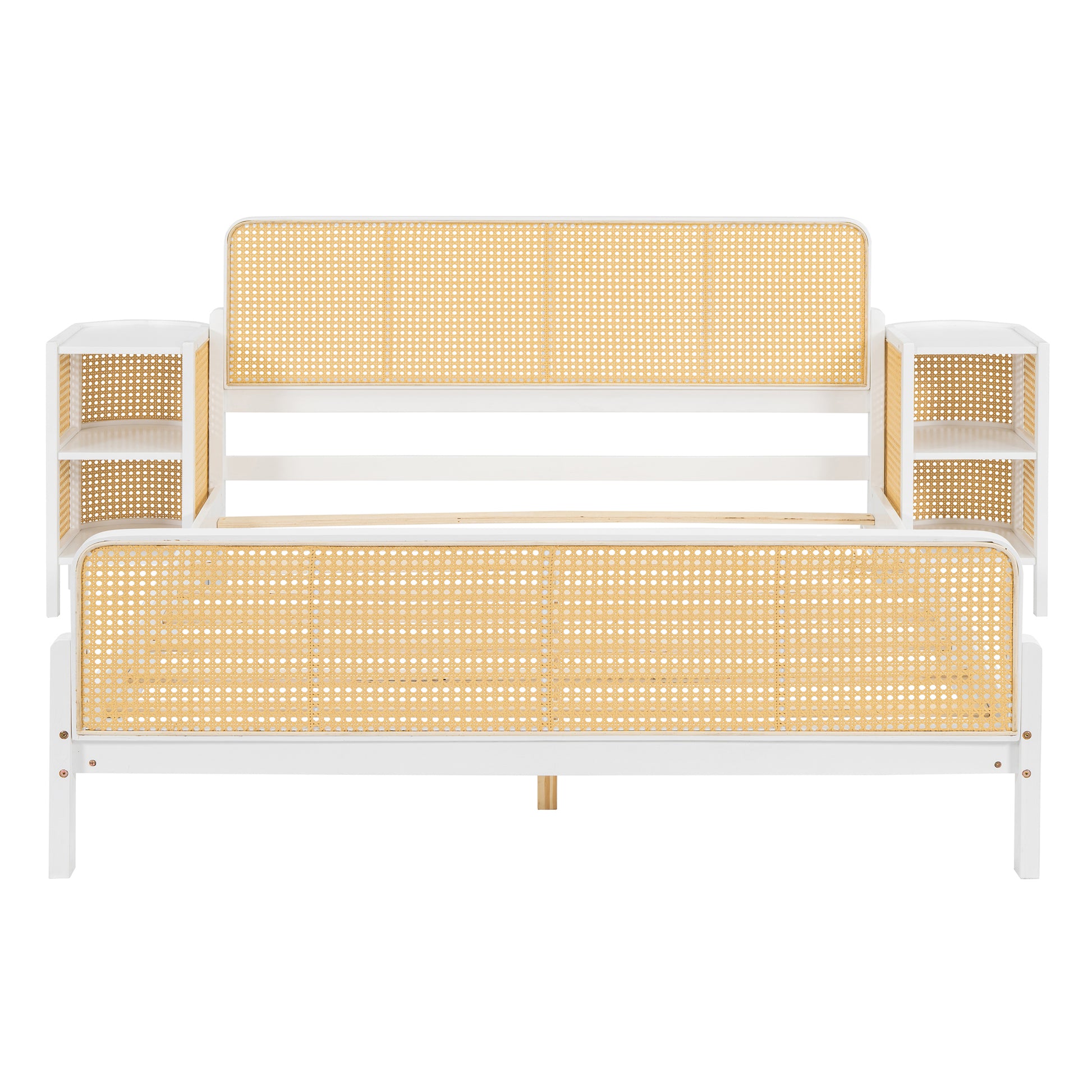 3 Pieces Rattan Platform Full Size Bed With 2 Nightstands,White White Rattan