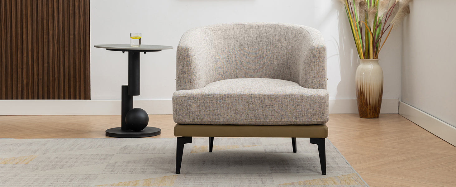 Modern Two Tone Barrel Fabric Chair, Upholstered Round Armchair For Living Room Bedroom Reading Room, Mustard Green Mustard Linen