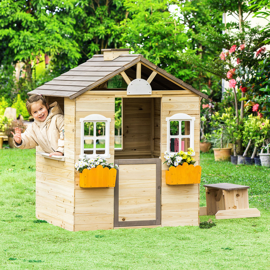 Wooden Playhouse For Kids Outdoor Garden Pretend Play Games, Adventures Cottage, With Working Door, Windows, Bench, Service Station, Flowers Pot Holder, For 3 7 Years Old Natural Wood