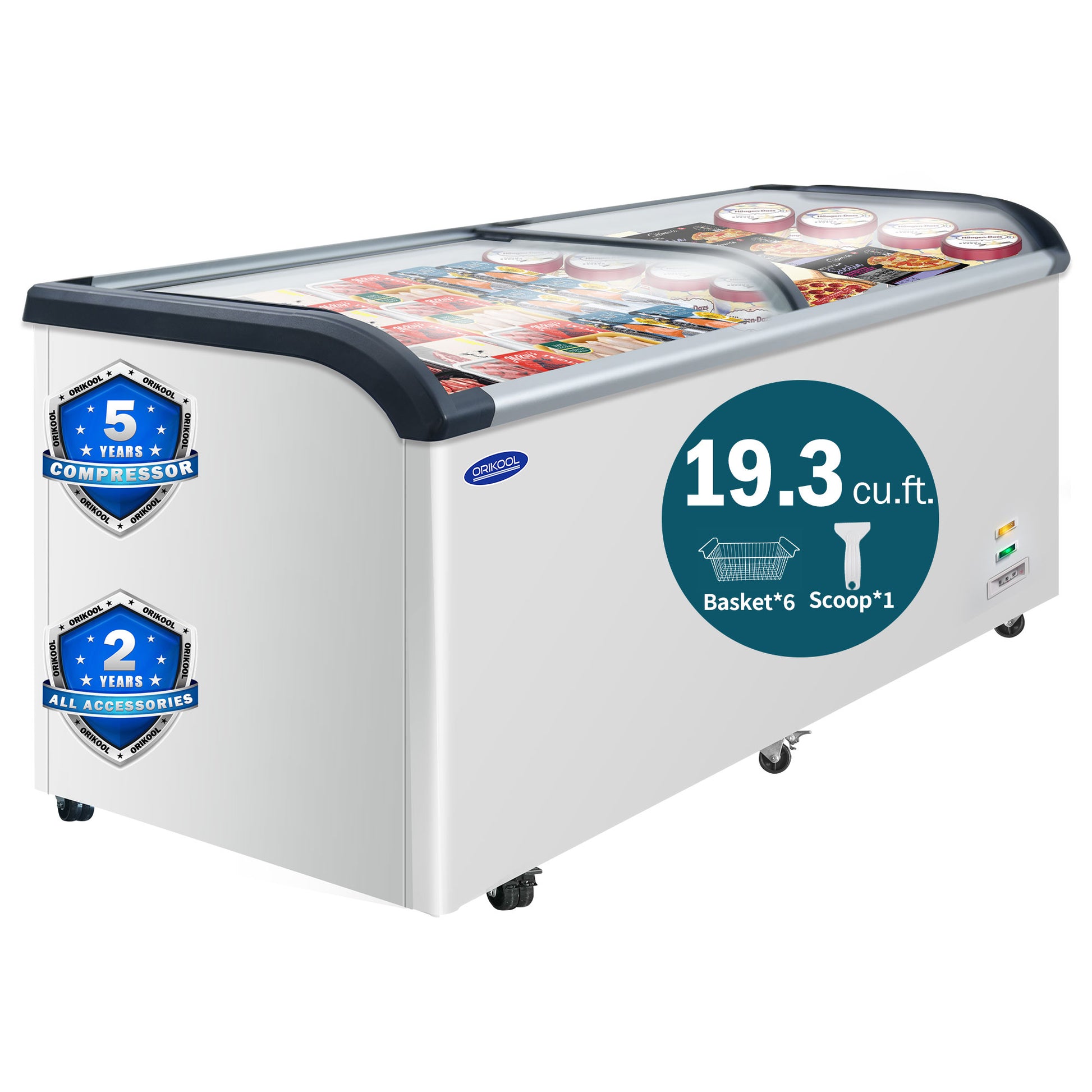 Orikool Curved Top Display Freezer 19.3 Cu.Ft Sliding Glass Lid Ice Cream Freezers Commercial Mobile Chest Freezer With Led Lighting White Steel