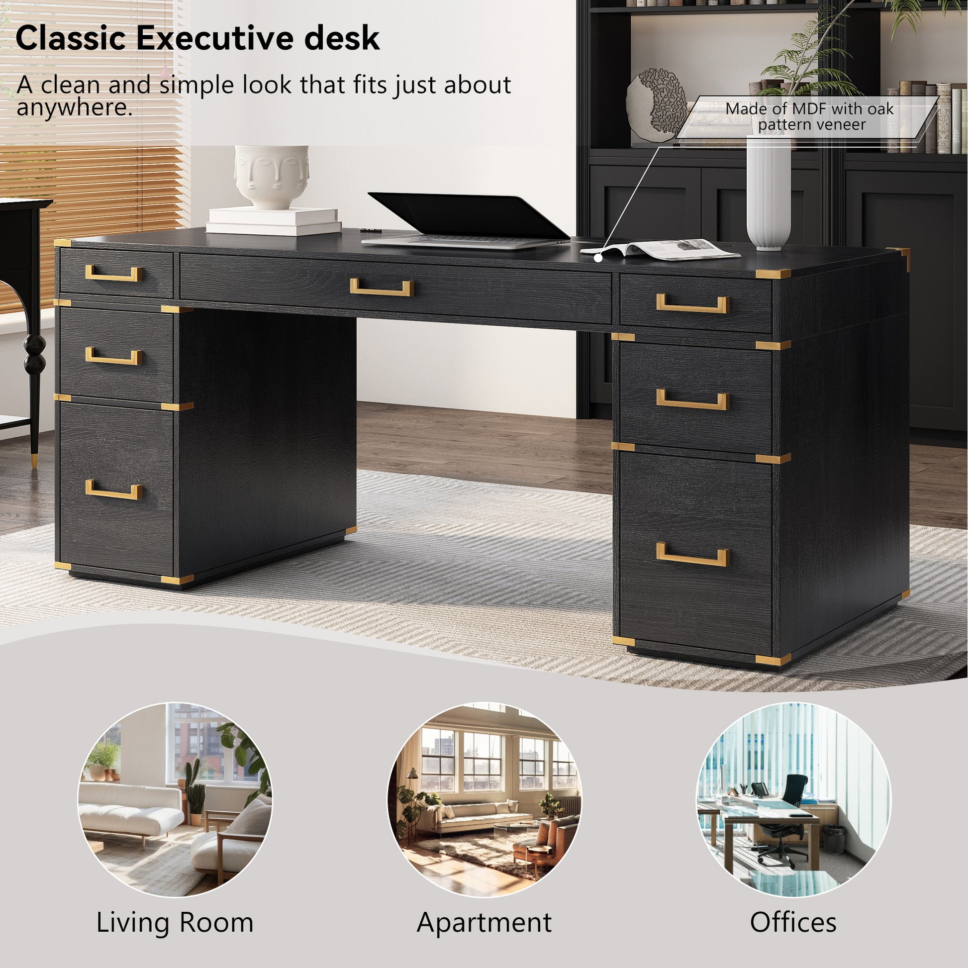 70"Classic And Traditional Executive Desk With Metal Edge Trim ,Writing Desk With 2 File Drawers,Usb Ports And Outlets,Desk With Hidden Compartment For Living Room,Home Office,Study Room,Black Black Gold Mdf Metal