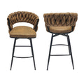 Technical Leather Woven Bar Stool Set Of 2,Black Legs Barstools No Adjustable Kitchen Island Chairs,360 Swivel Bar Stools Upholstered Bar Chair Counter Stool Arm Chairs With Back Footrest, Brown Brown Black Technical Leather