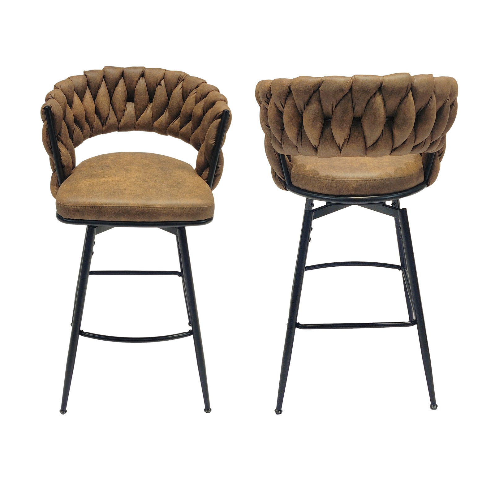 Technical Leather Woven Bar Stool Set Of 2,Black Legs Barstools No Adjustable Kitchen Island Chairs,360 Swivel Bar Stools Upholstered Bar Chair Counter Stool Arm Chairs With Back Footrest, Brown Brown Black Technical Leather