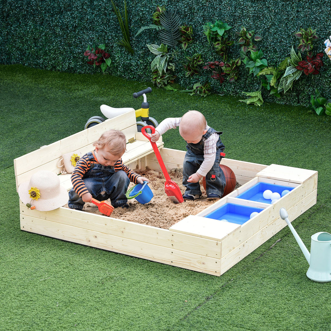 Kids Wooden Sandbox W Two Plastic Boxes Foldable Bench Seat Waterproof Cover Bottom Liner Storage Space Natural Wood