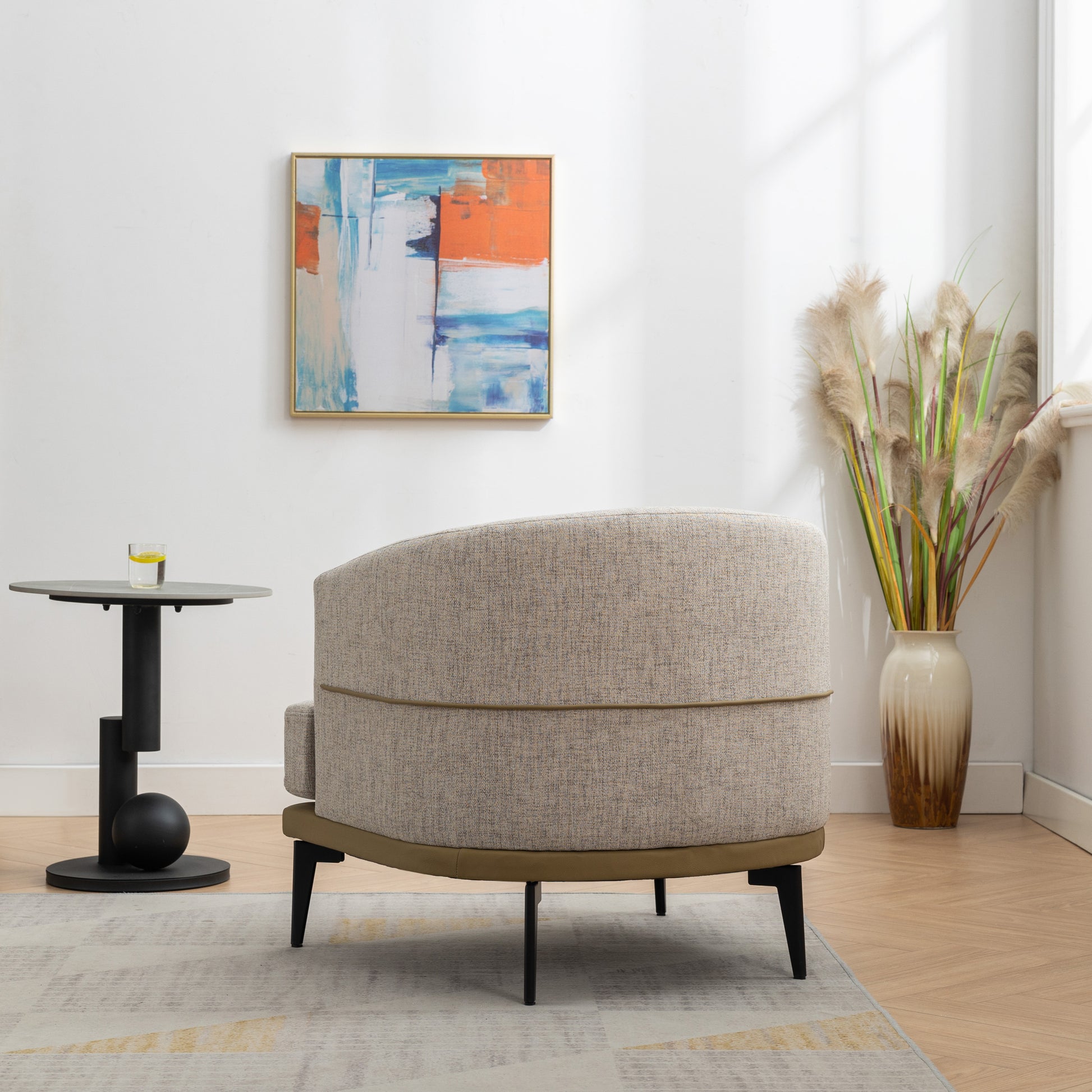 Modern Two Tone Barrel Fabric Chair, Upholstered Round Armchair For Living Room Bedroom Reading Room, Mustard Green Mustard Linen