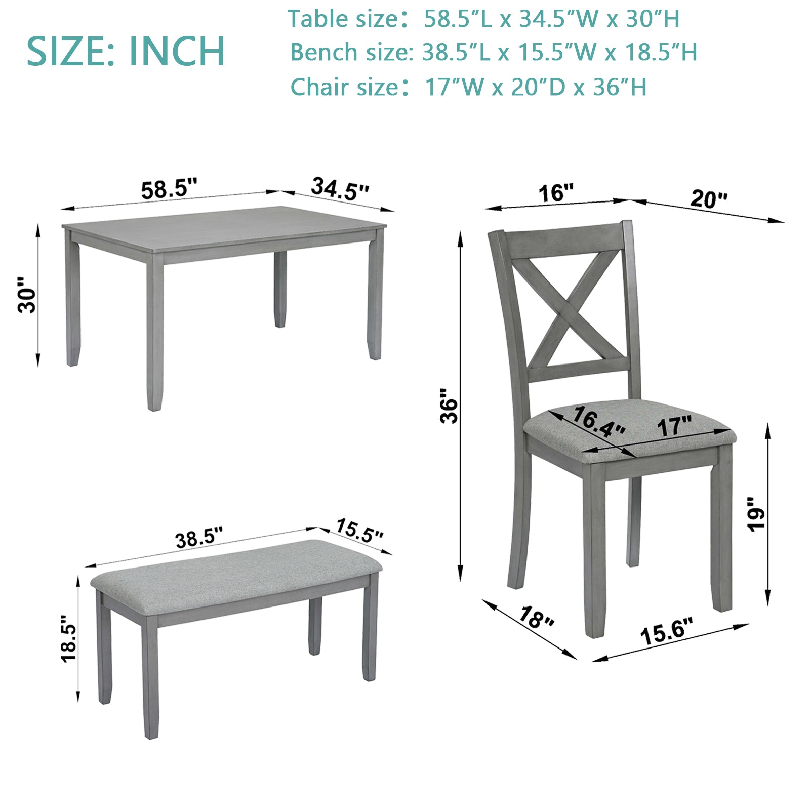 6 Piece Kitchen Dining Set, Rectangular Wooden Dining Table With 4 Upholstered Chairs And A Bench, Dining Table Set For 6 People, Living Room, Home Bar And Kitchen, Gray Wood Gray Seats 6 Wood Dining Room Acacia 4 Leg Rectangular Dining Table With Chair