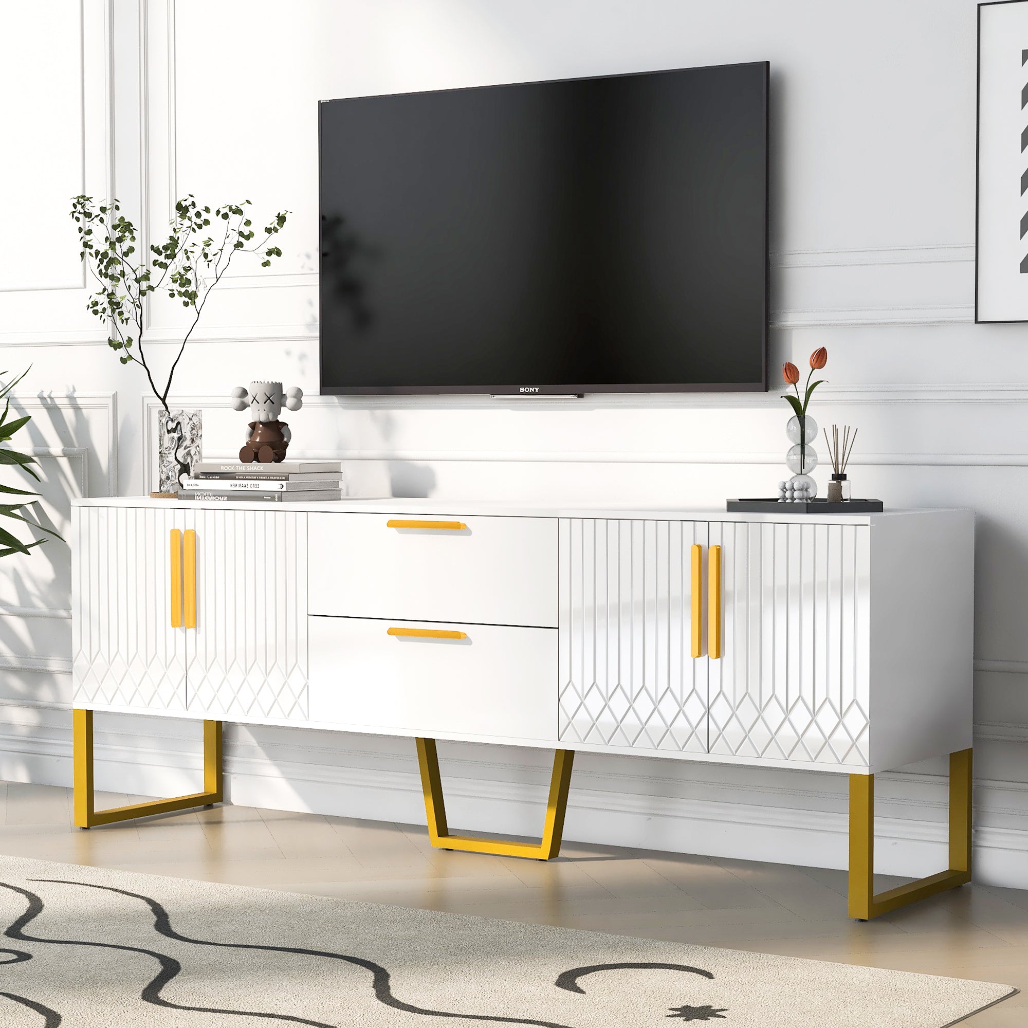 Modern Tv Stand For Tvs Up To 75 Inches, Storage Cabinet With Drawers And Cabinets, Wood Tv Console Table With Metal Legs And Handles For Living Room, White White Mdf