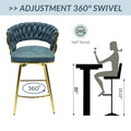 Bar Chair Suede Woven Bar Stool Set Of 4,Golden Legs Barstools No Adjustable Kitchen Island Chairs,360 Swivel Bar Stools Upholstered Bar Chair Counter Stool Arm Chairs With Back Footrest, Blue Metal Blue Kitchen Dining Chairs Foam Technical Leather