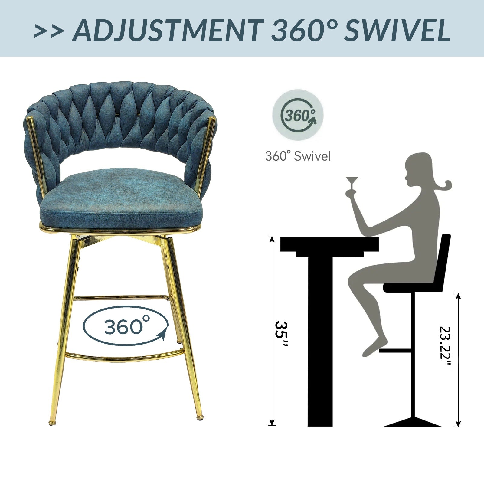 Bar Chair Suede Woven Bar Stool Set Of 4,Golden Legs Barstools No Adjustable Kitchen Island Chairs,360 Swivel Bar Stools Upholstered Bar Chair Counter Stool Arm Chairs With Back Footrest, Blue Metal Blue Kitchen Dining Chairs Foam Technical Leather