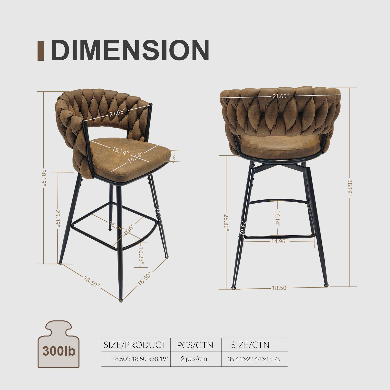 Technical Leather Woven Bar Stool Set Of 2,Black Legs Barstools No Adjustable Kitchen Island Chairs,360 Swivel Bar Stools Upholstered Bar Chair Counter Stool Arm Chairs With Back Footrest, Brown Brown Black Technical Leather