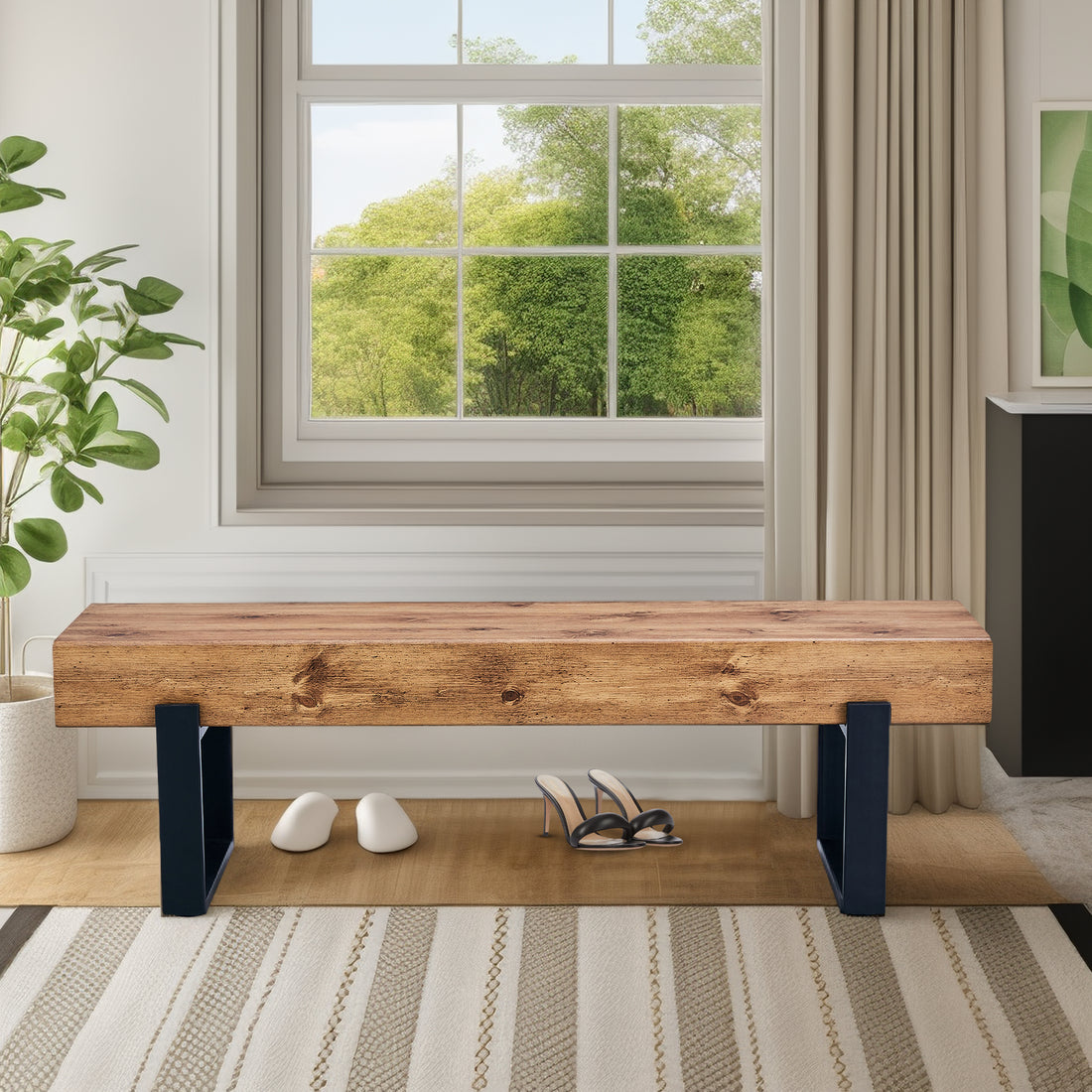 59" Dining Bench, Farmhouse Indoor Kitchen Table Benches, Bed Bench, Industrial Shoe Bench, Entryway Benches Natural Wood Wash Farmhouse,Mid Century Modern,Modern Mdf Mdf Metal