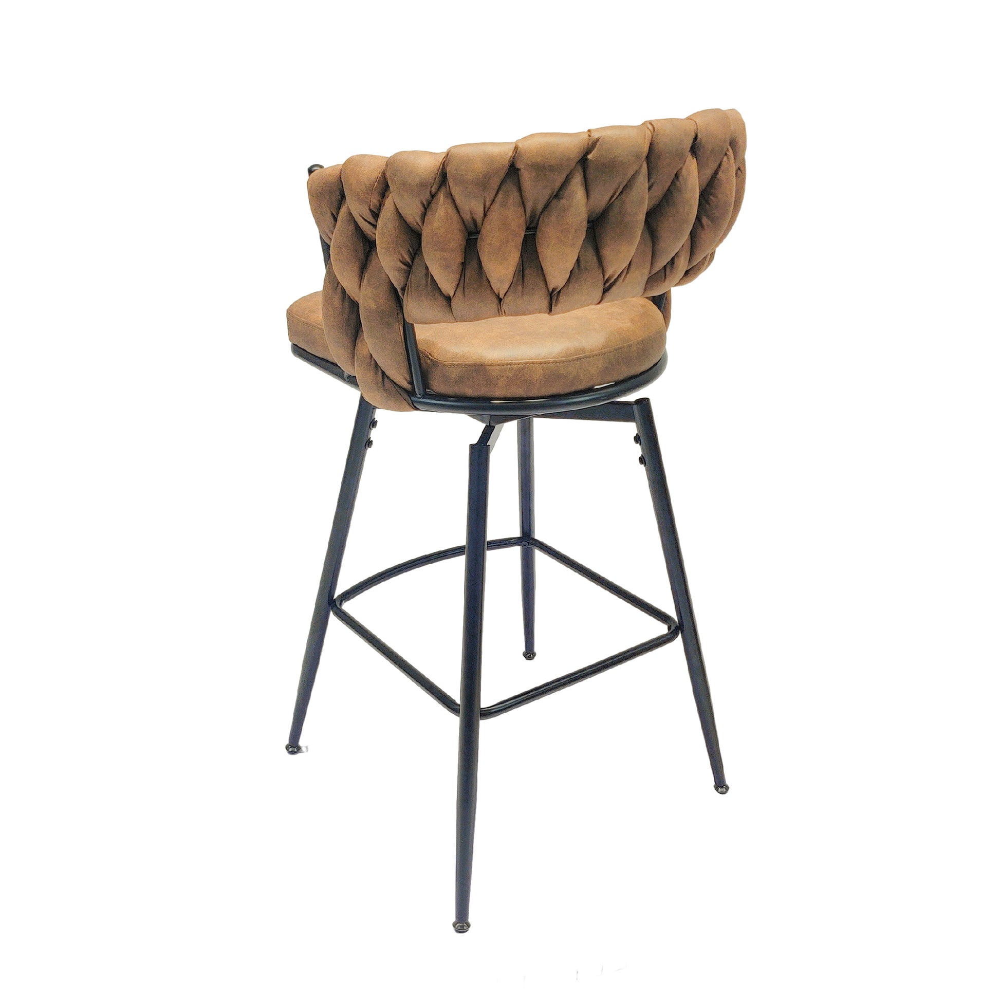 Technical Leather Woven Bar Stool Set Of 2,Black Legs Barstools No Adjustable Kitchen Island Chairs,360 Swivel Bar Stools Upholstered Bar Chair Counter Stool Arm Chairs With Back Footrest, Brown Brown Black Technical Leather