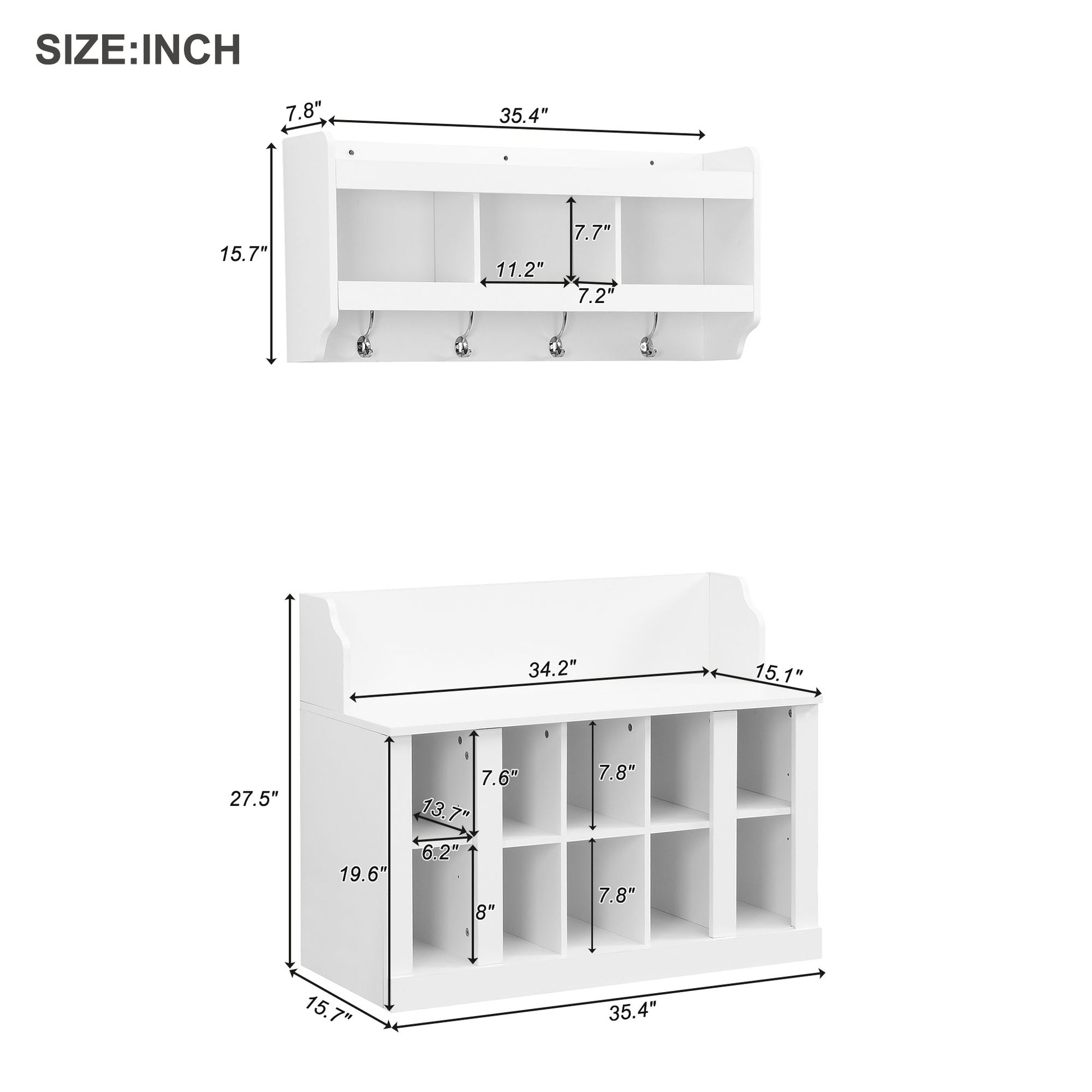 Shoe Storage Bench With Shelves And 4 Hooks, Elegant Hall Tree With Wall Mounted Coat Rack, Entryway Organizer For Hallway, Foyer, Mudroom, White White Primary Living Space Particle Board