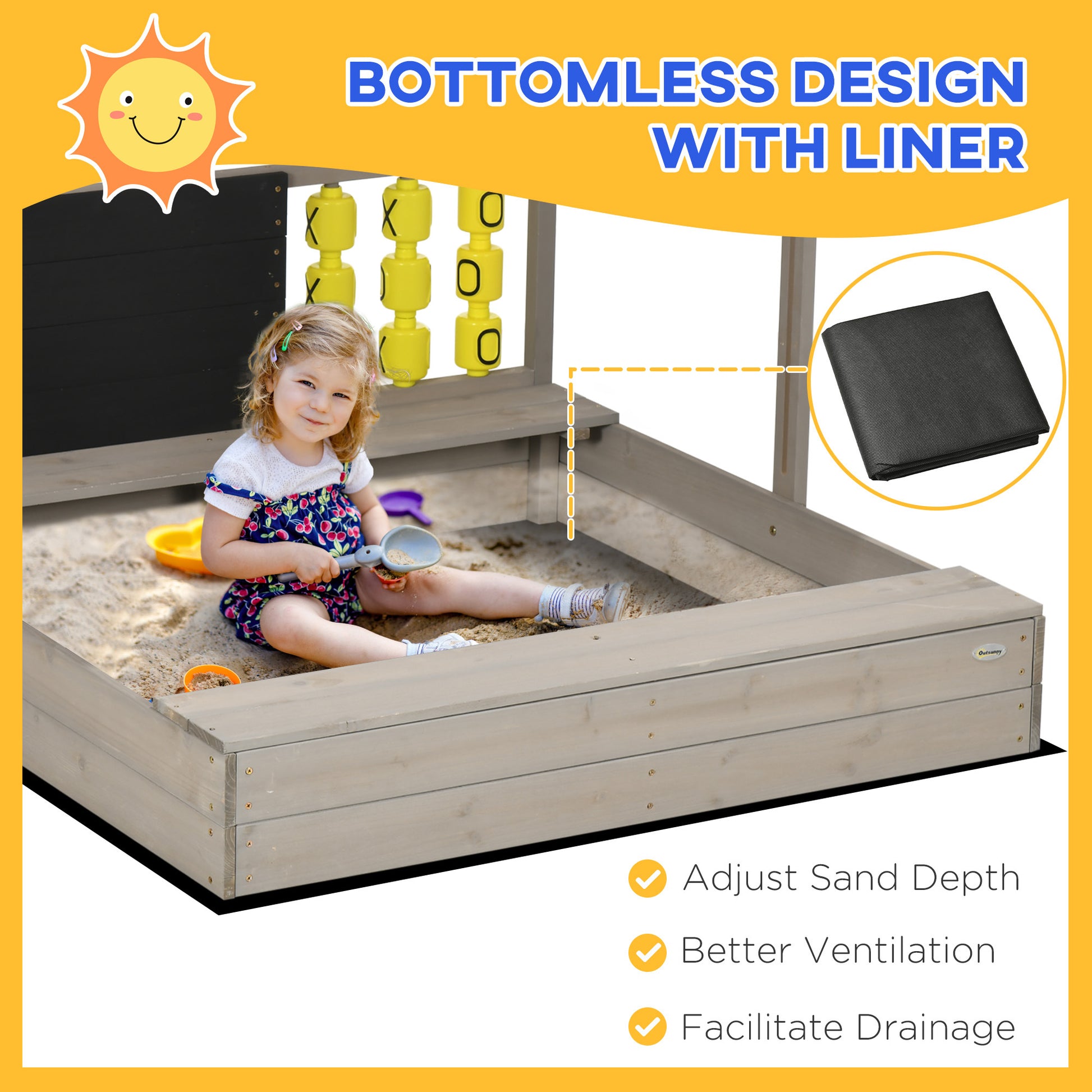 Kids Sandbox With Cover, Wooden Sandbox Backyard Toy Gray Wood