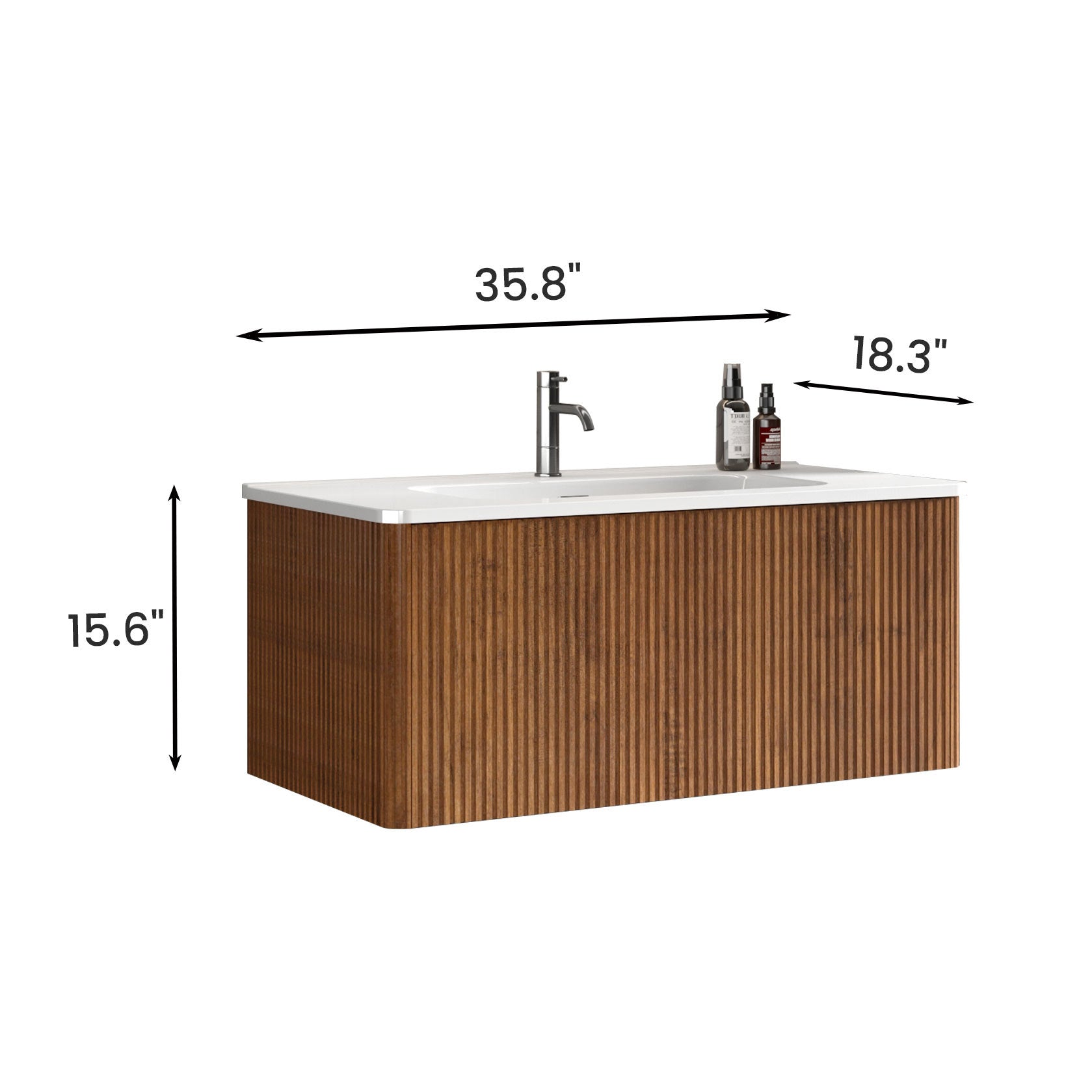 U048 Etna36W 305 Etna 36" Striped Walnut Bathroom Vanity With White Ceramic Sink, Wall Mounted Floating Bathroom Vanity For Modern Bathroom, Pre Assembled White Walnut Melamine