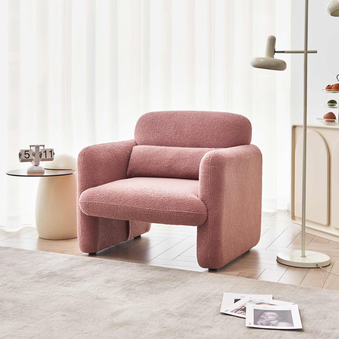 34"Lamb Fleece Fabric Sofa, Modern Single Sofa With Support Pillow For Apartment, Office, Living Room & Bedroom, Tool Free Assembly. Pink Pink Foam Sherpa