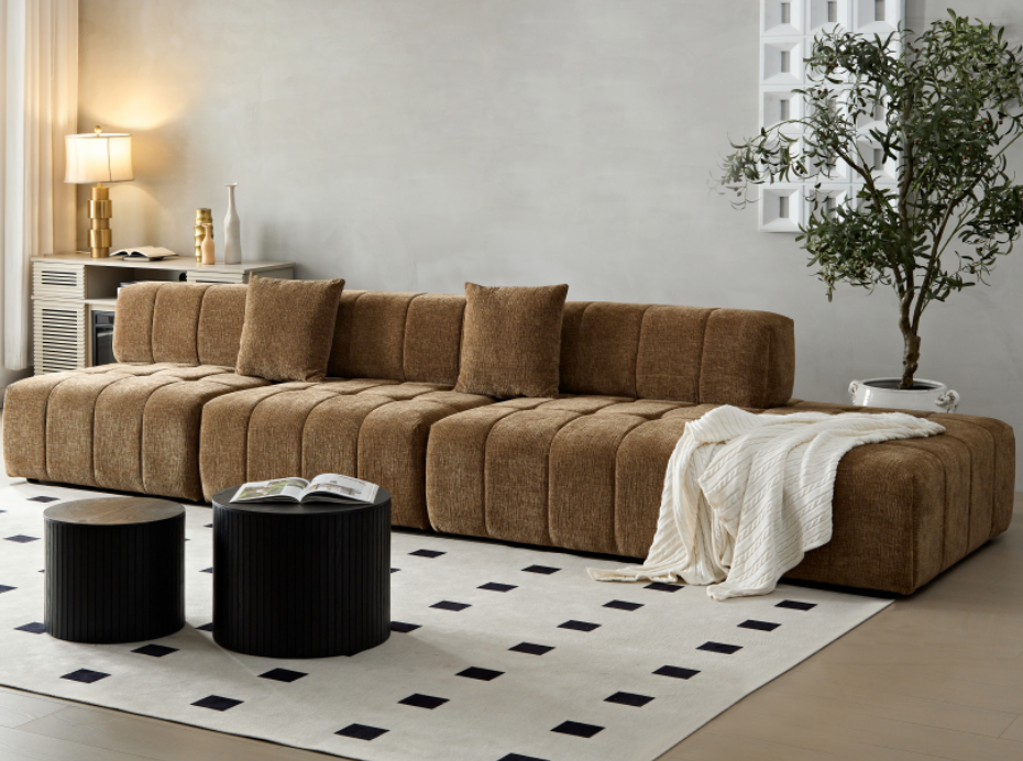 Wks3 Piano Key Combination Sofa, 2 Single Seats Plus 1 Luxury Cloth Sofa, Brown Brown Fabric