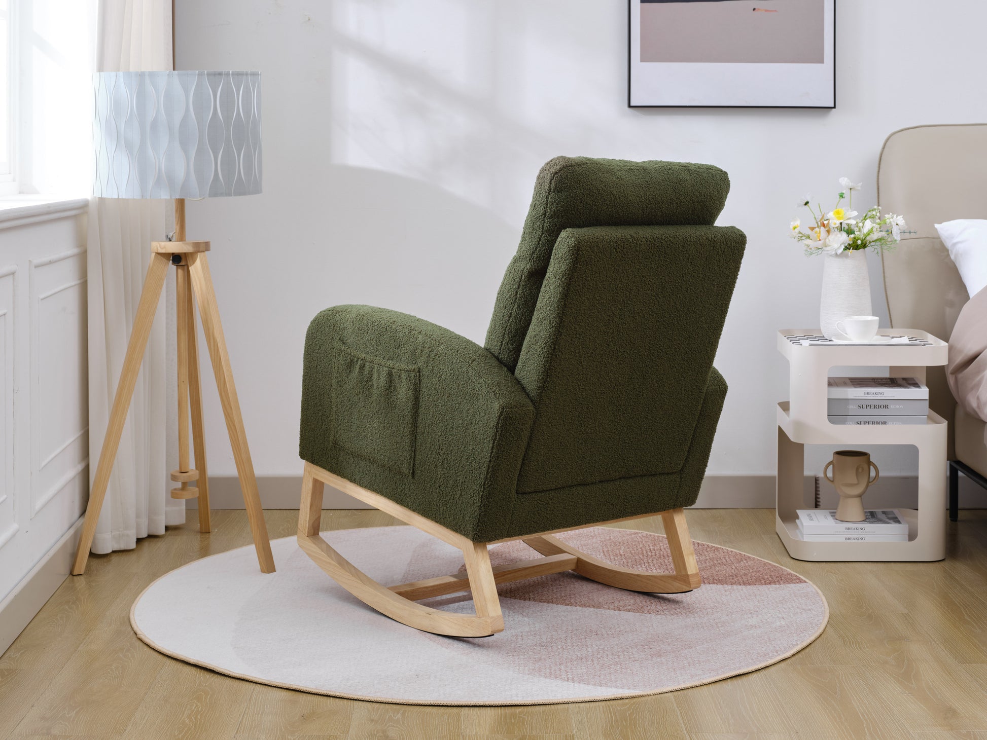 Modern Accent Rocking Chair Rocking Chair With Solid Wood Legs, Upholstered Nursery Glider Rocker, Comfy Armchair With Side Pocket, Living Room Lounge Arm Chair With High Backrest Dark Green,Teddy Dark Green White Primary Living Space Casual Foam Teddy