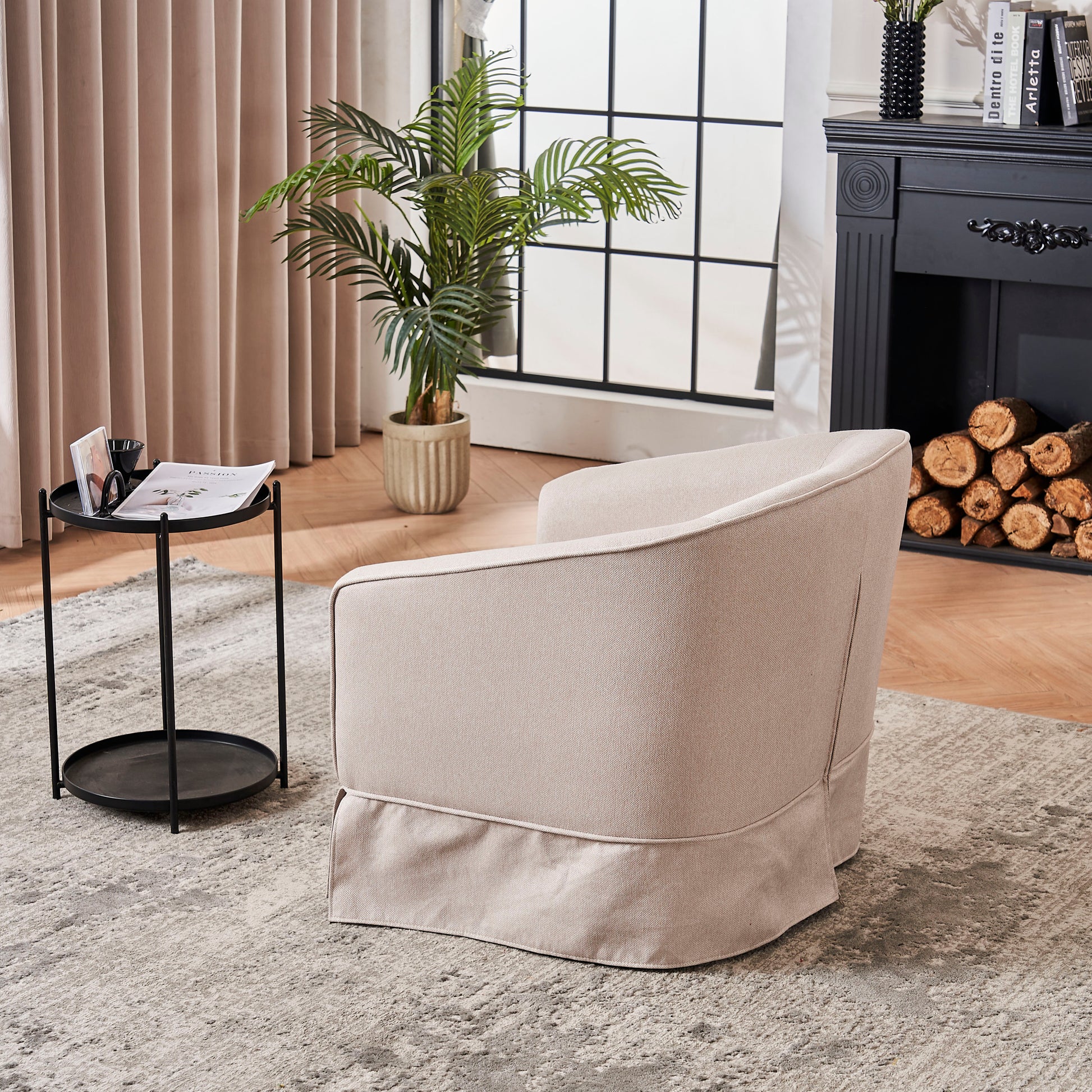 Swivel Barrel Chair With Ottoman, Swivel Accent Chairs Armchair For Living Room, Reading Chairs For Bedroom Comfy, Round Barrel Chairs With Black Metal Base Beige Beige Primary Living Space Modern Linen