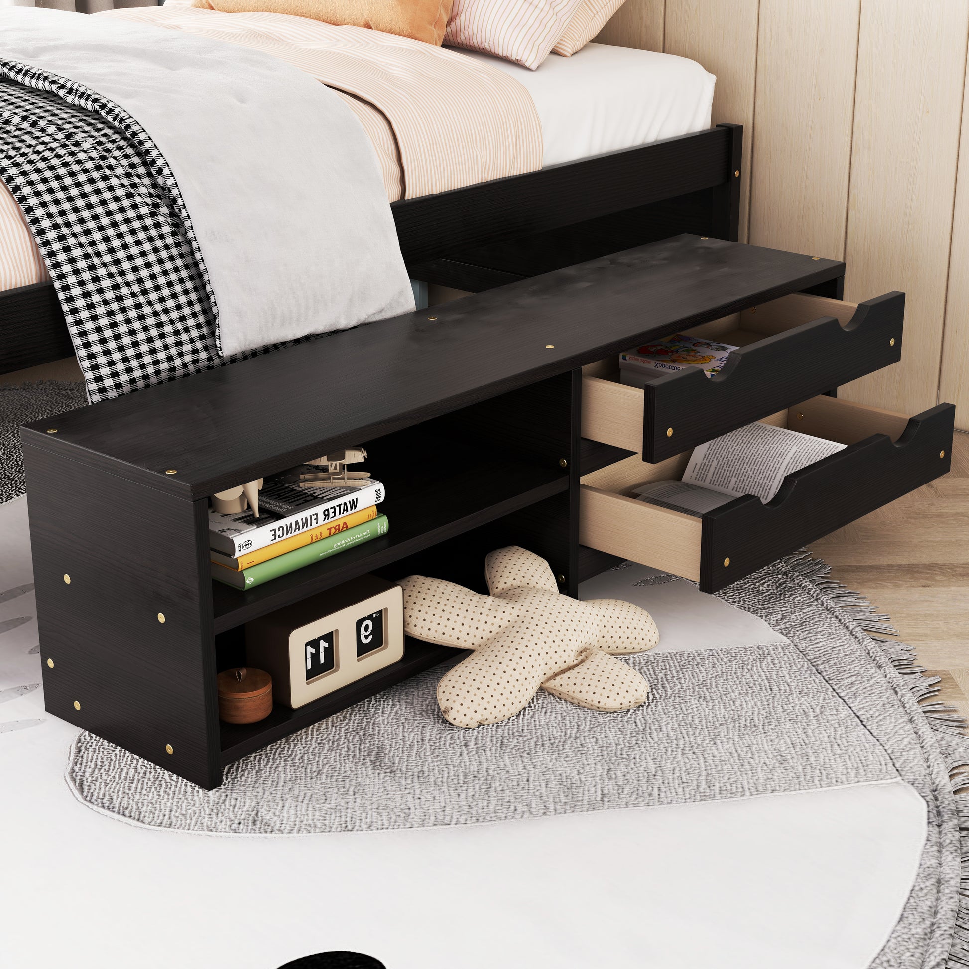 Versatile Full Bed With Trundle,Under Bed Storage Box And Nightstand .Espresso Full Espresso Pine