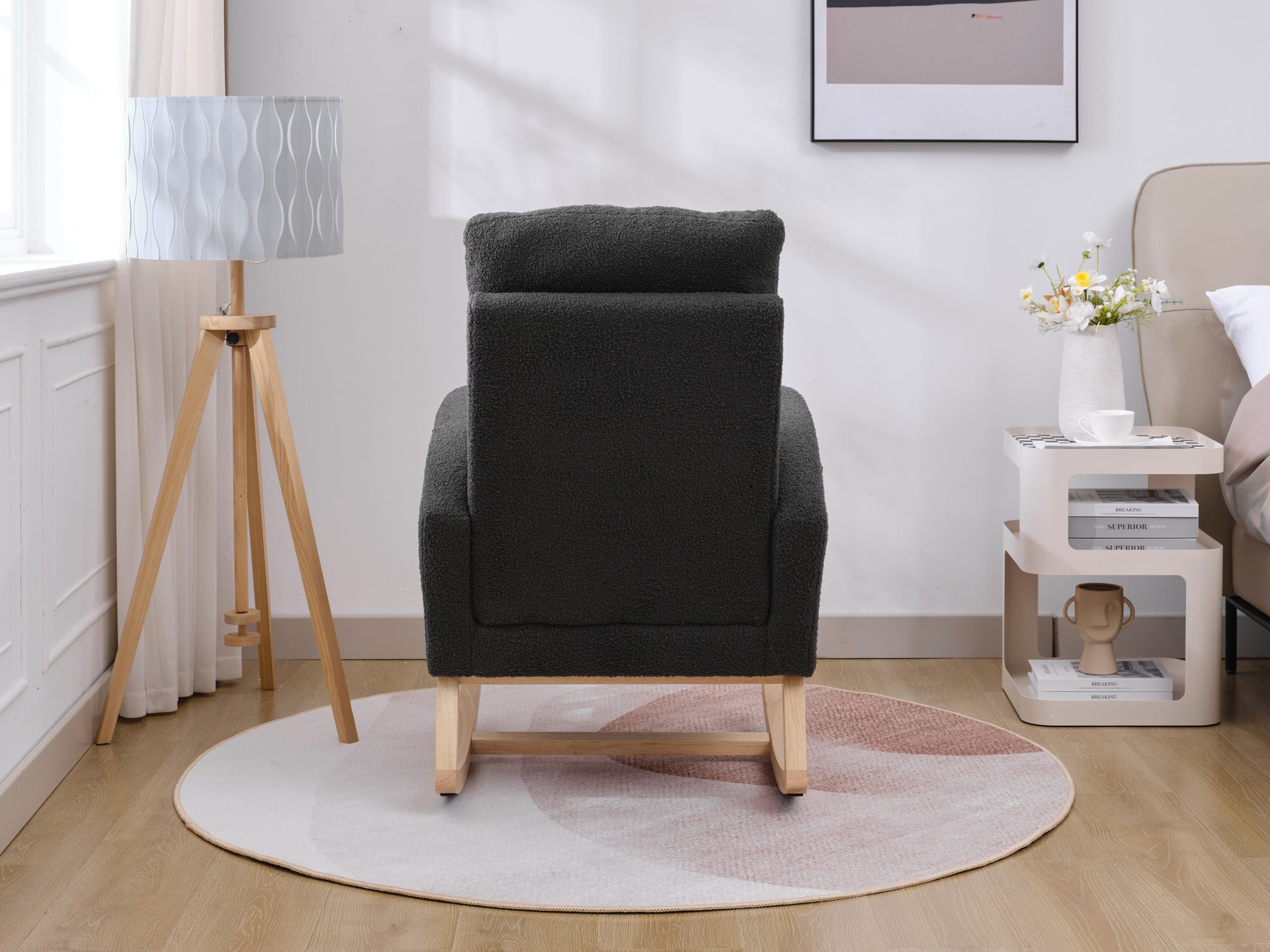 Modern Accent Rocking Chair Rocking Chair With Solid Wood Legs, Upholstered Nursery Glider Rocker, Comfy Armchair With Side Pocket, Living Room Lounge Arm Chair With High Backrest Dark Grey,Teddy Dark Grey White Primary Living Space Casual Foam Teddy