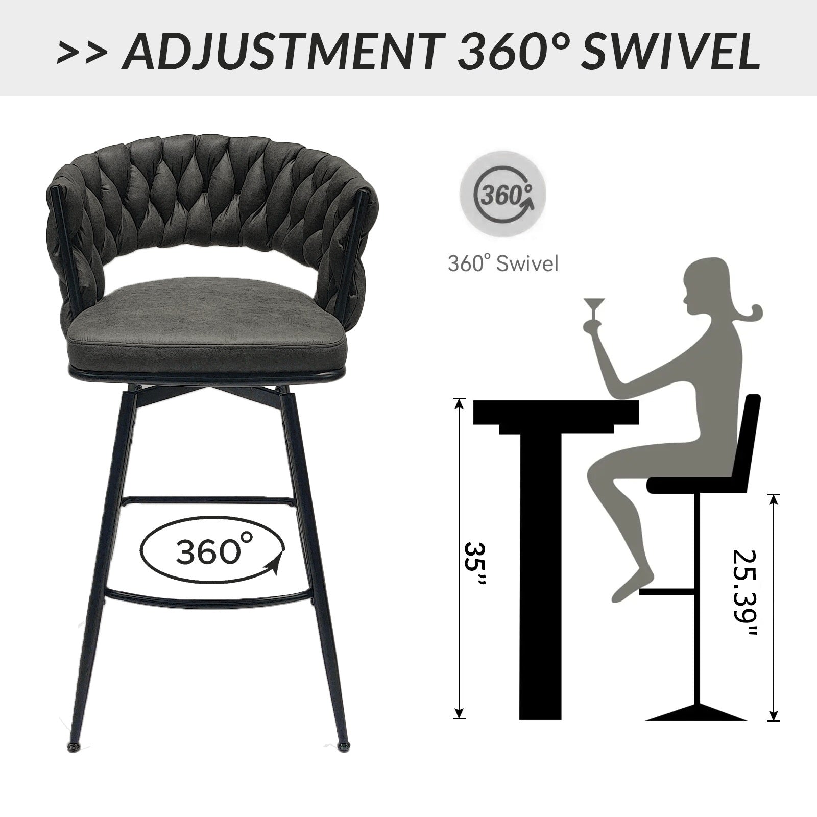 Technical Leather Woven Bar Stool Set Of 2,Black Legs Barstools No Adjustable Kitchen Island Chairs,360 Swivel Bar Stools Upholstered Counter Stool Arm Chairs With Back Footrest, Tan Metal Black Brown Kitchen Dining Chairs Foam Technical Leather