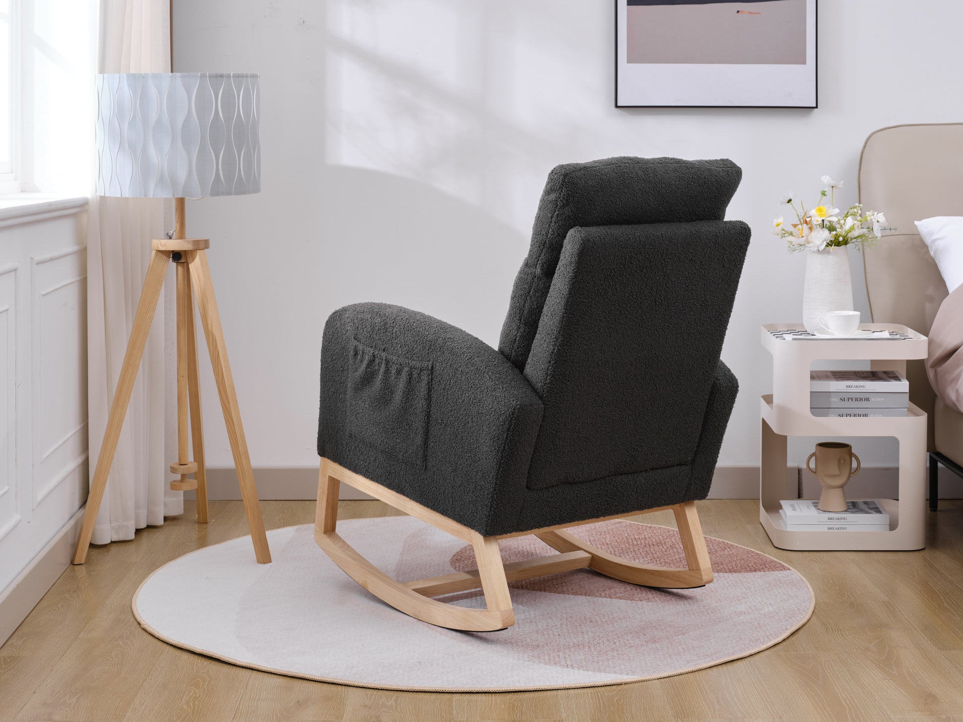 Modern Accent Rocking Chair Rocking Chair With Solid Wood Legs, Upholstered Nursery Glider Rocker, Comfy Armchair With Side Pocket, Living Room Lounge Arm Chair With High Backrest Dark Grey,Teddy Dark Grey White Primary Living Space Casual Foam Teddy