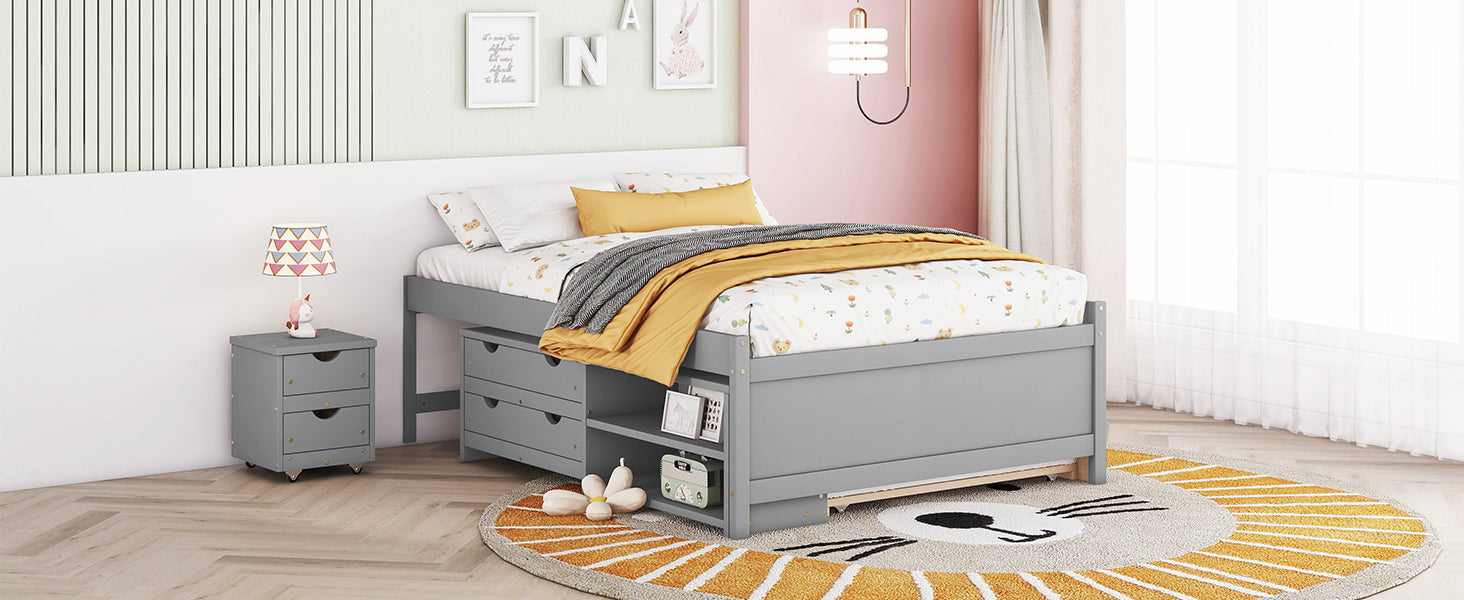 Versatile Full Bed With Trundle,Under Bed Storage Box And Nightstand .Grey Full Grey American Design Pine