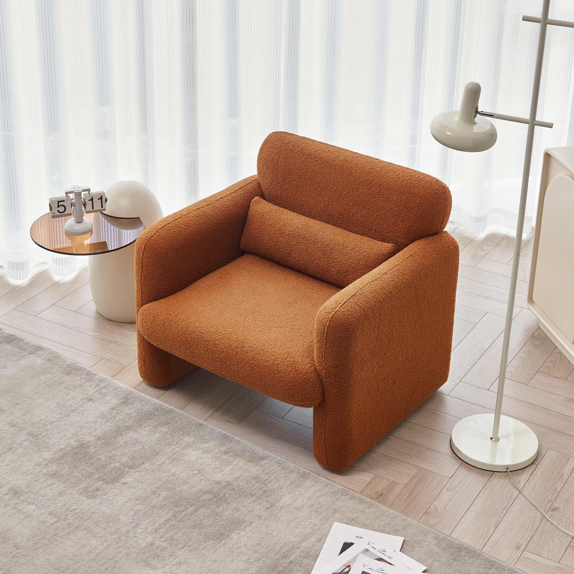 34"Lamb Fleece Fabric Sofa, Modern Single Sofa With Support Pillow For Apartment, Office, Living Room & Bedroom, Tool Free Assembly. Dark Orange Orange Dark Orange Foam Sherpa