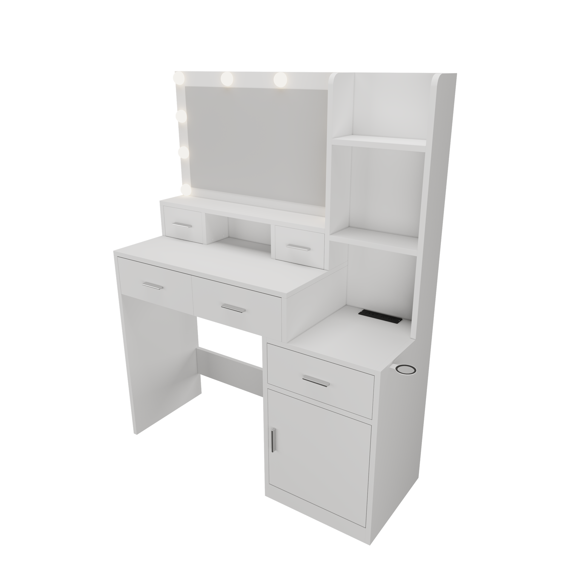 The White Vanity With A Mirror Is Equipped With A Hair Dryer Rack, While The Vanity In The Bedroom And Dressing Room Comes With A Dressing Pad Hinged White Drawer 3 Drawers Bedroom American