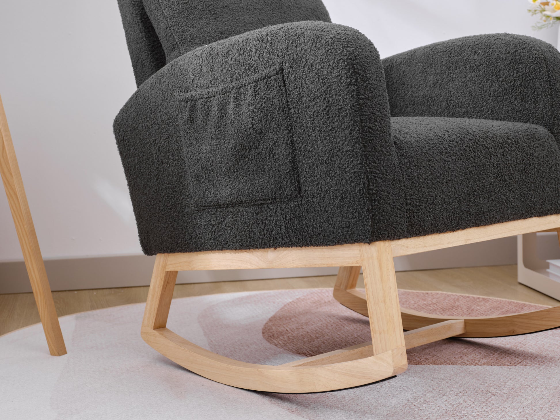 Modern Accent Rocking Chair Rocking Chair With Solid Wood Legs, Upholstered Nursery Glider Rocker, Comfy Armchair With Side Pocket, Living Room Lounge Arm Chair With High Backrest Dark Grey,Teddy Dark Grey White Primary Living Space Casual Foam Teddy
