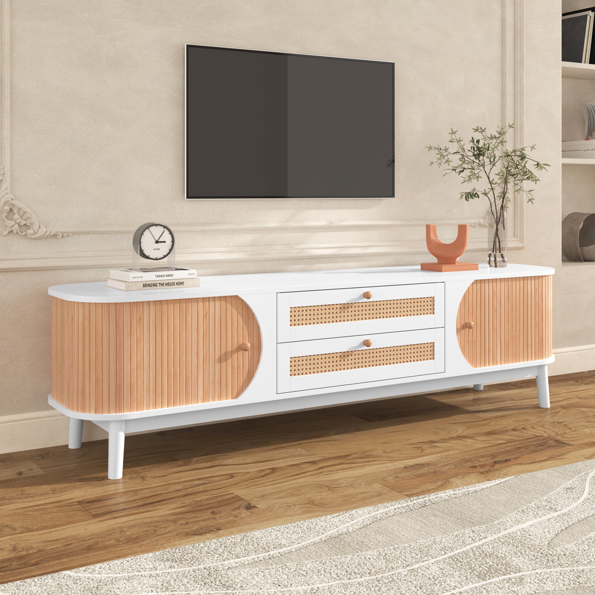 Rattan Tv Stand For Tvs Up To 75'', Modern Farmhouse Media Console, Entertainment Center With Solid Wood Legs, Tv Cabinet For Living Room,Home Theatre Natural White Primary Living Space 60 69 Inches Solid Wood Mdf