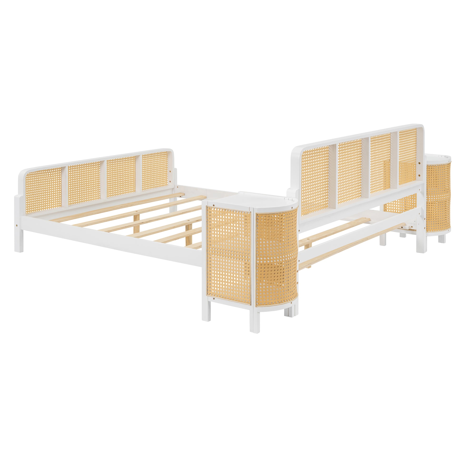 3 Pieces Rattan Platform Full Size Bed With 2 Nightstands,White White Rattan