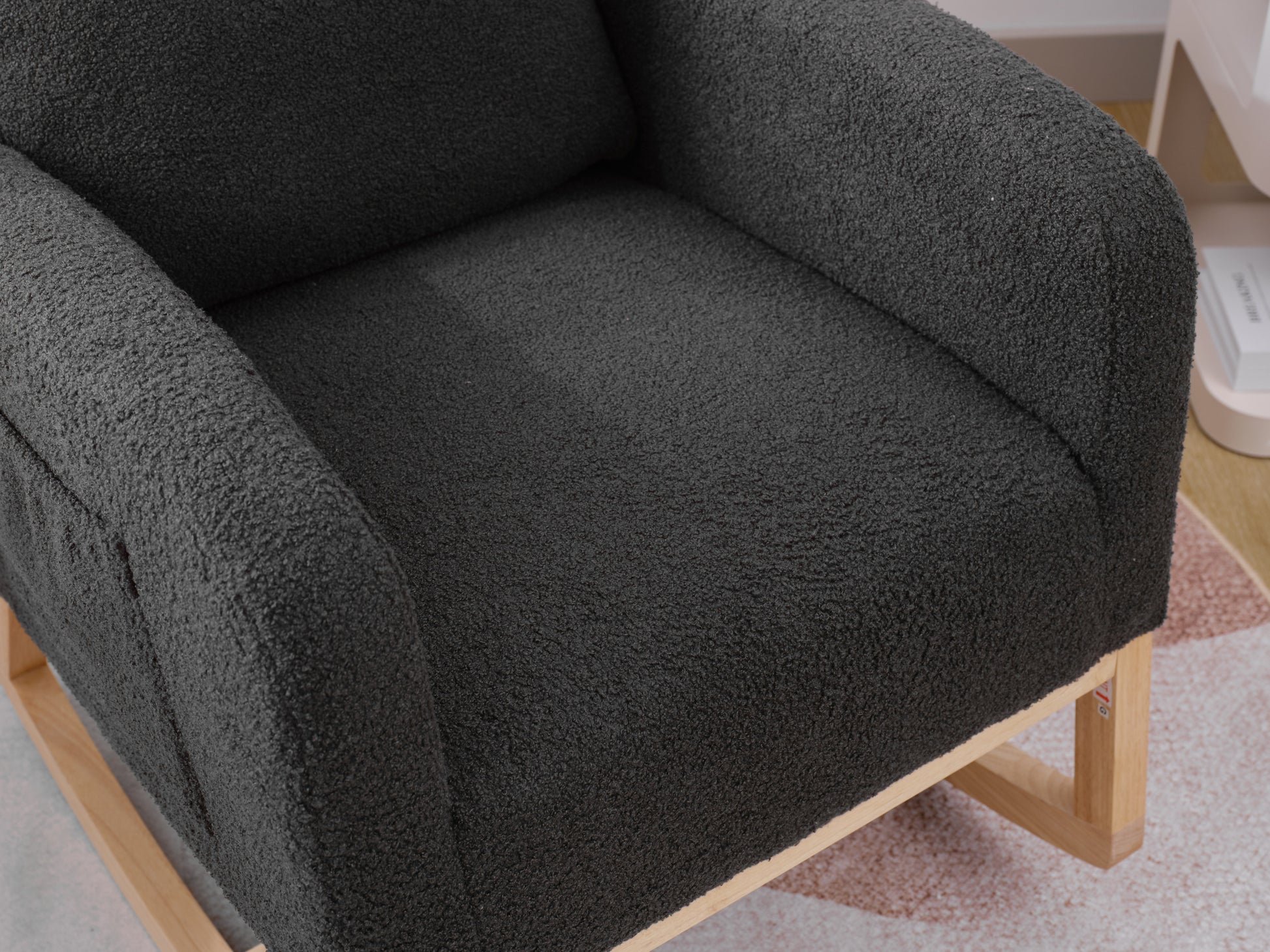 Modern Accent Rocking Chair Rocking Chair With Solid Wood Legs, Upholstered Nursery Glider Rocker, Comfy Armchair With Side Pocket, Living Room Lounge Arm Chair With High Backrest Dark Grey,Teddy Dark Grey White Primary Living Space Casual Foam Teddy