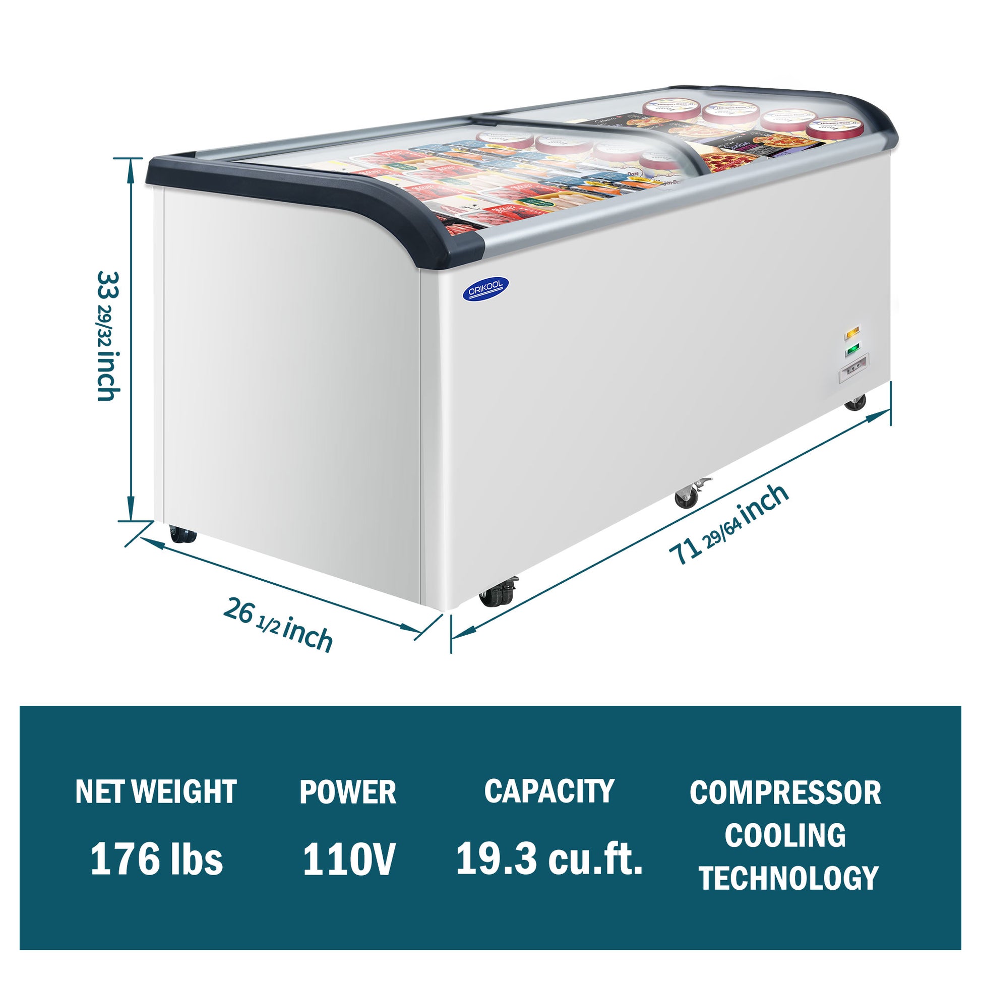 Orikool Curved Top Display Freezer 19.3 Cu.Ft Sliding Glass Lid Ice Cream Freezers Commercial Mobile Chest Freezer With Led Lighting White Steel