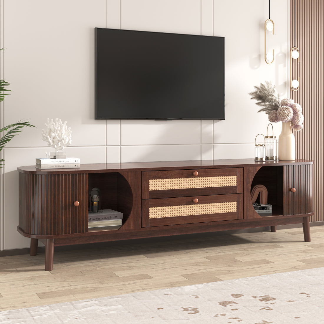 Rattan Tv Stand For Tvs Up To 75'', Modern Farmhouse Media Console, Entertainment Center With Solid Wood Legs, Tv Cabinet For Living Room,Home Theatre Natural Wood Brown Primary Living Space 60 69