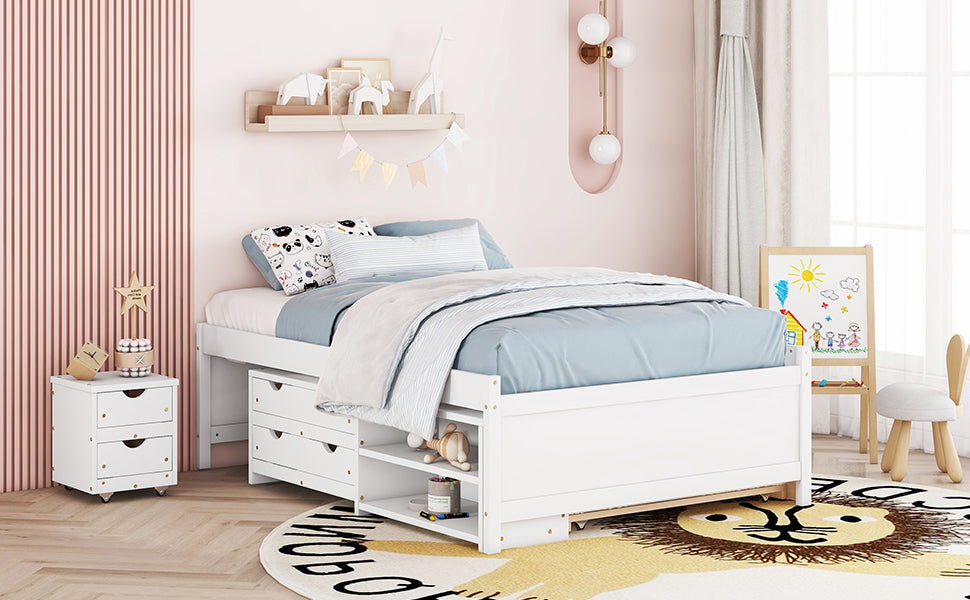 Versatile Full Bed With Trundle,Under Bed Storage Box And Nightstand .White Full White Pine